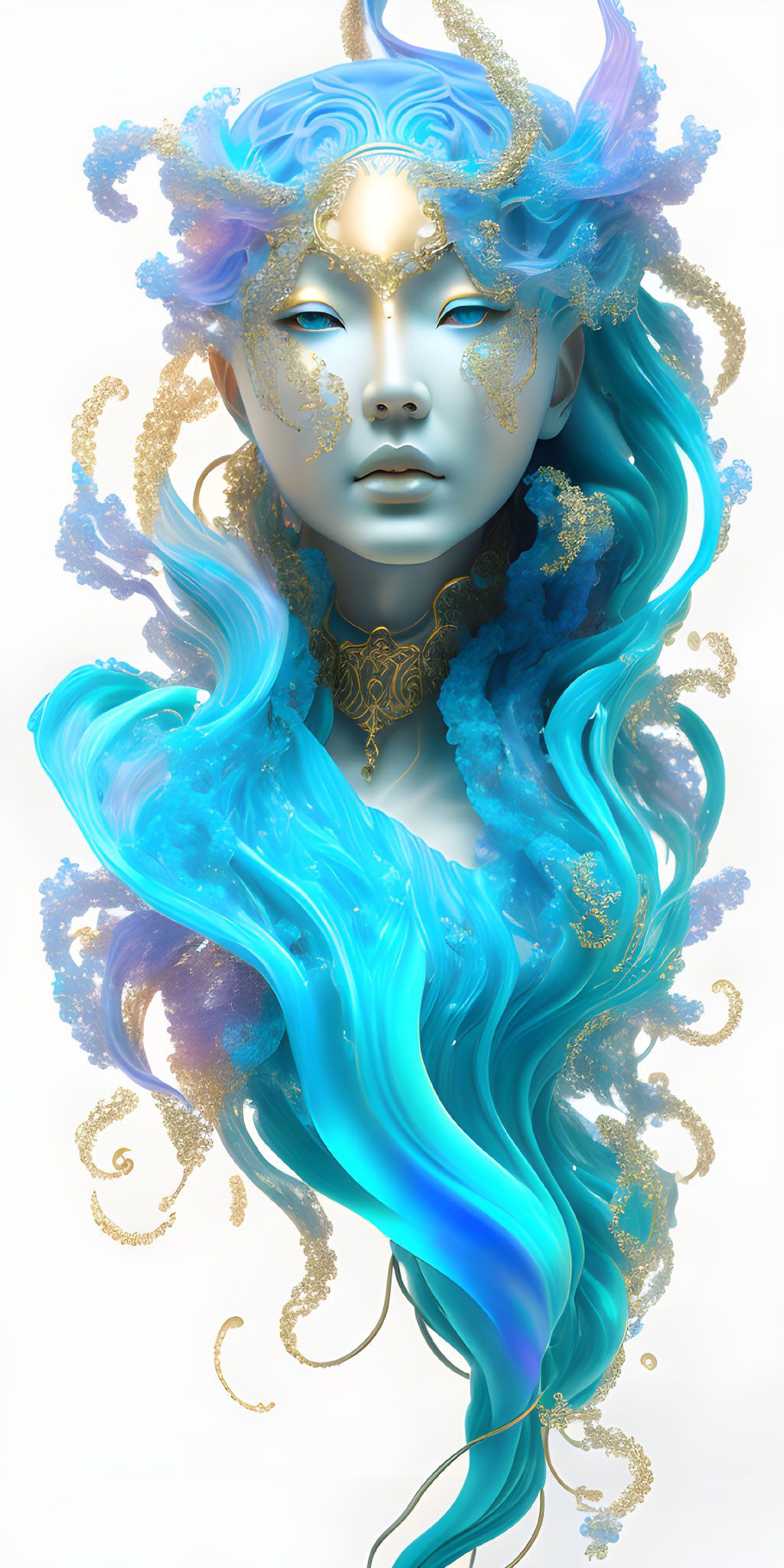 Surreal digital artwork: Blue female figure with gold-adorned hair