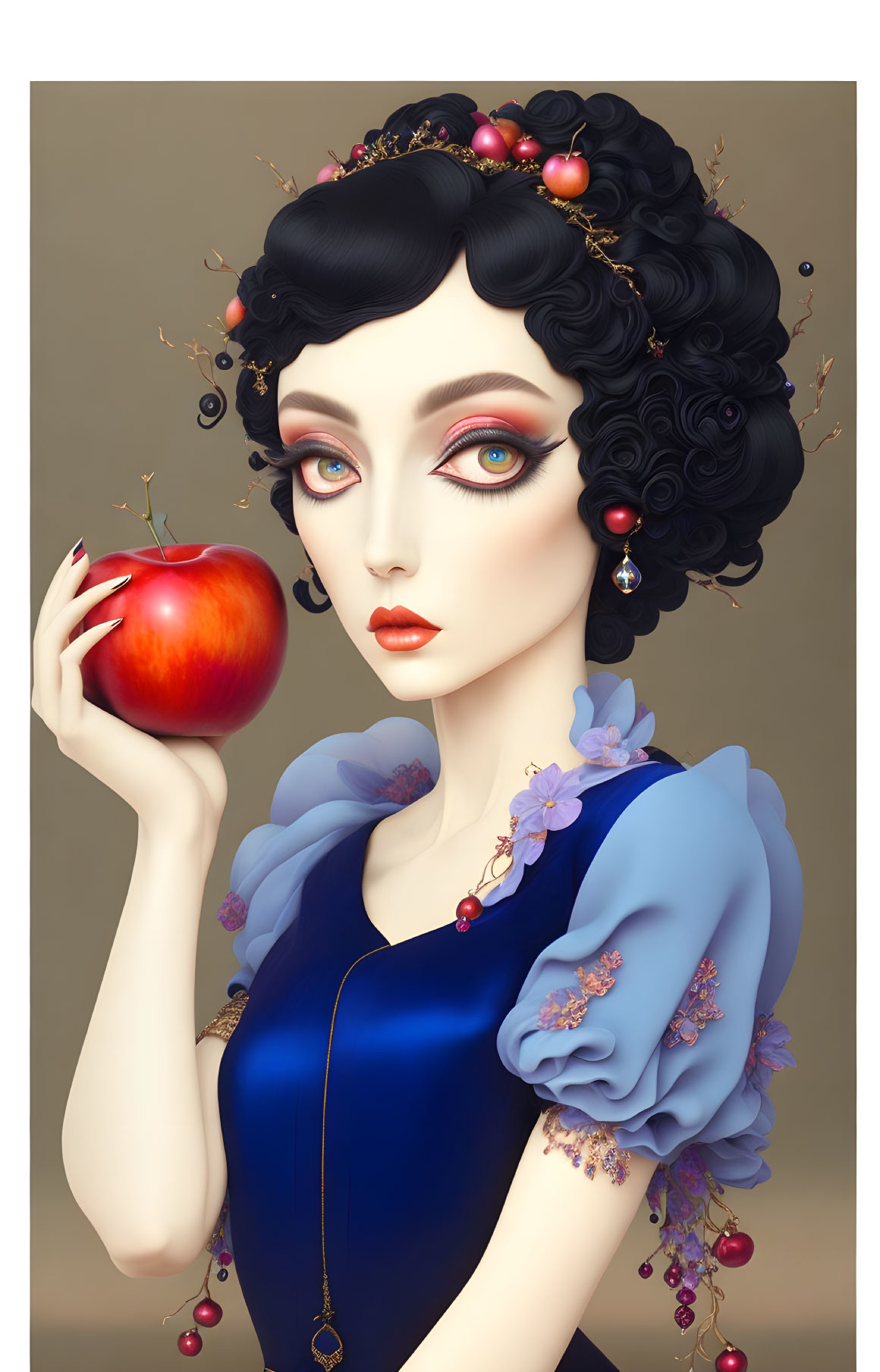 Woman with Black Curly Hair Holding Red Apple in Blue Dress