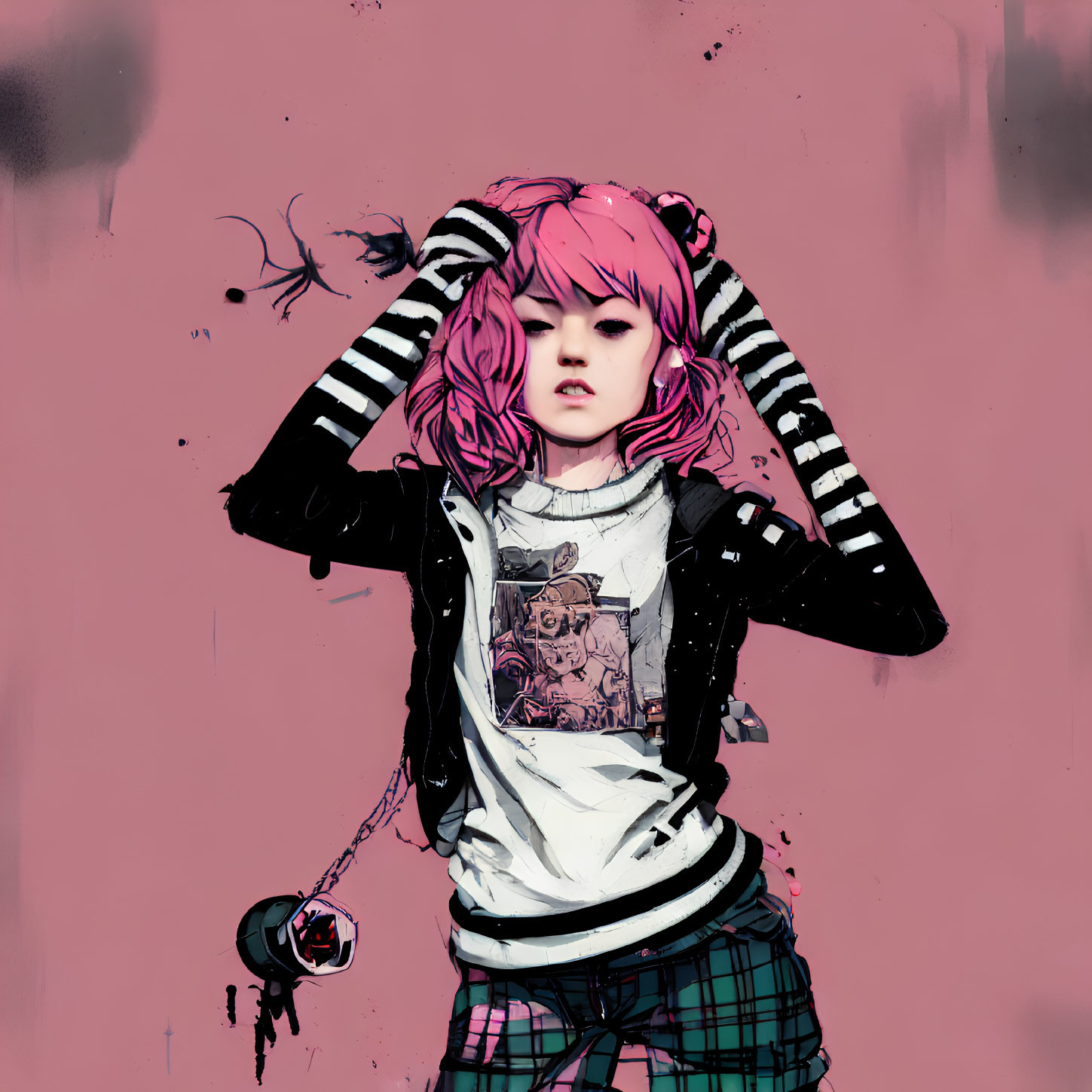 Illustration of person with pink hair in striped sleeves, graphic tee, checkered pants pulling jacket hood