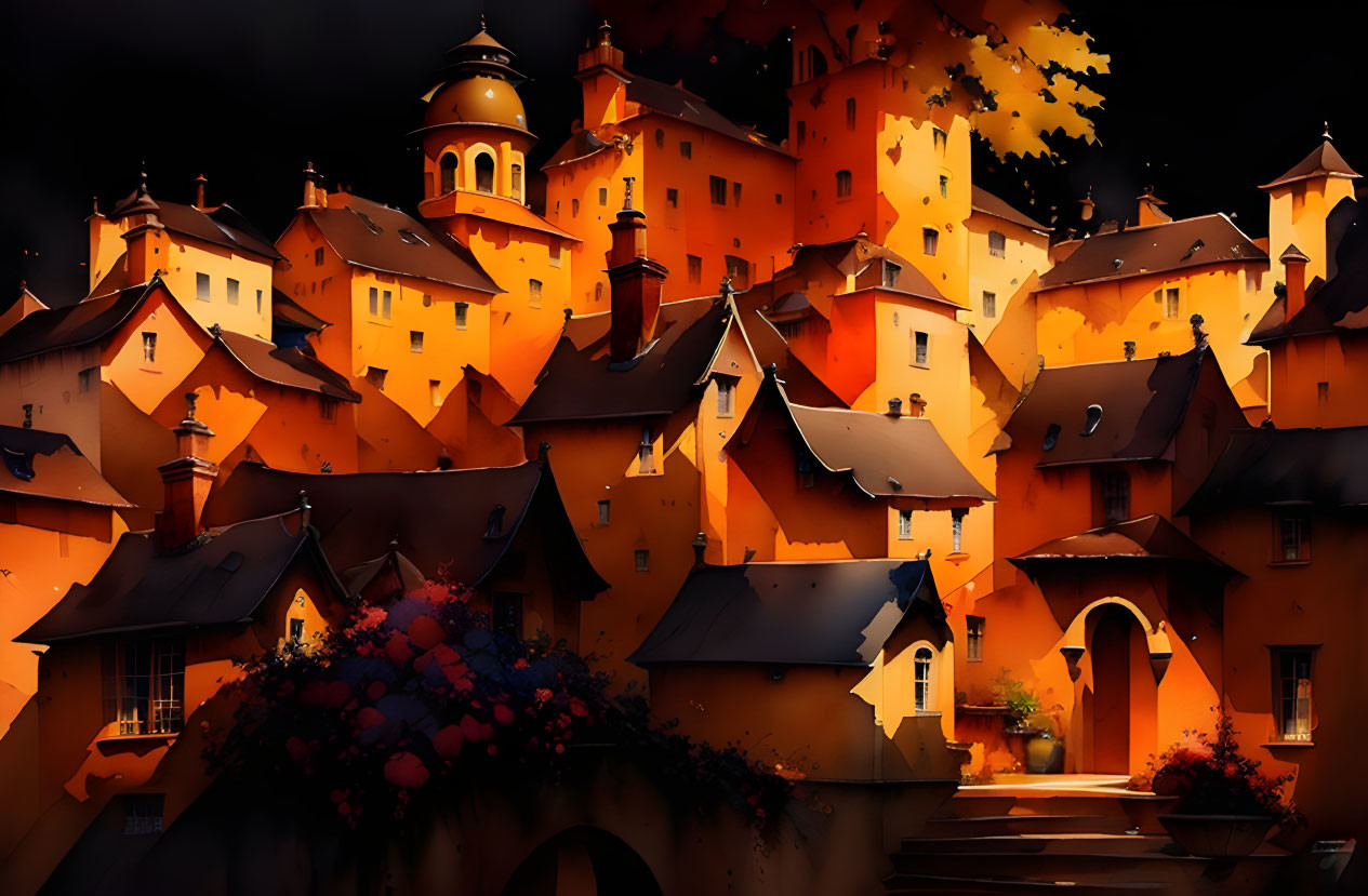 Whimsical Village with Golden-Orange Buildings and Moody Skies