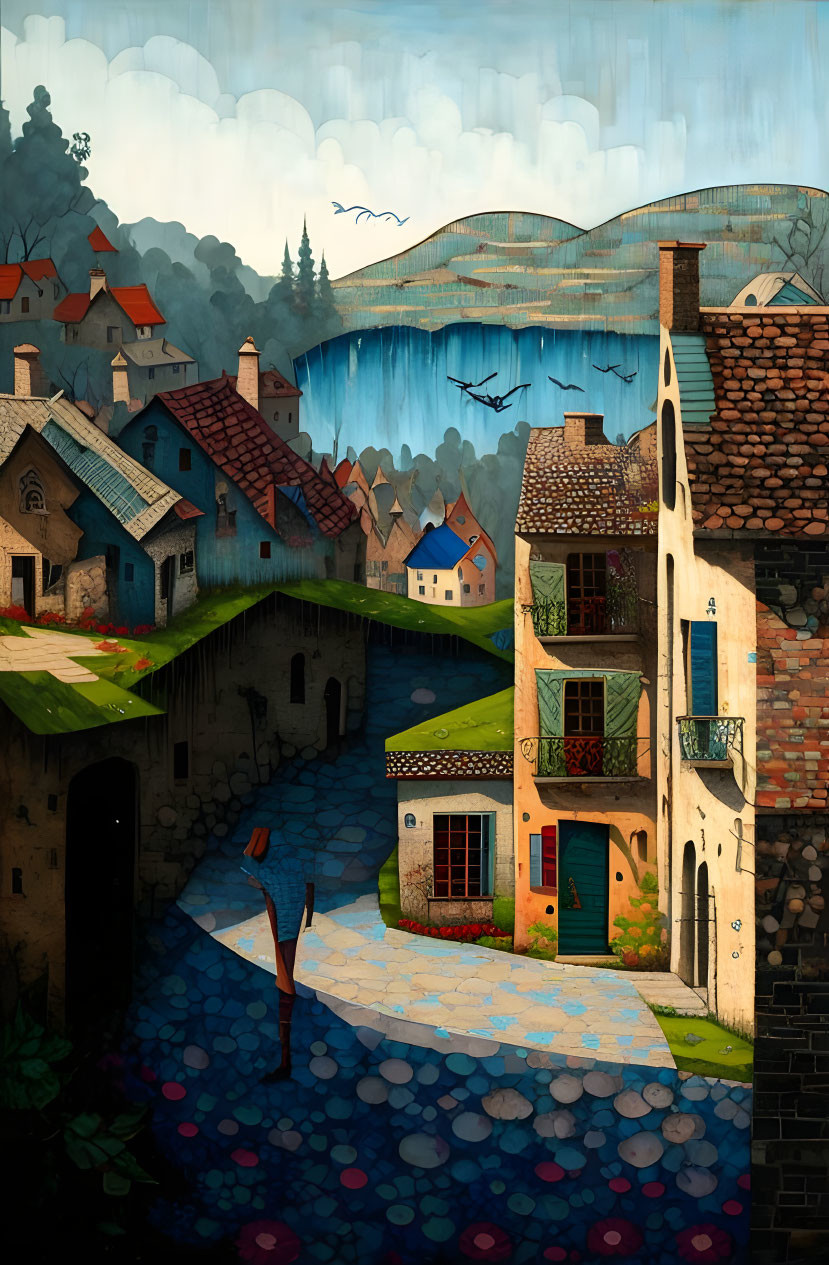 Colorful village painting with cobblestone paths, waterfall backdrop, and gesturing figure