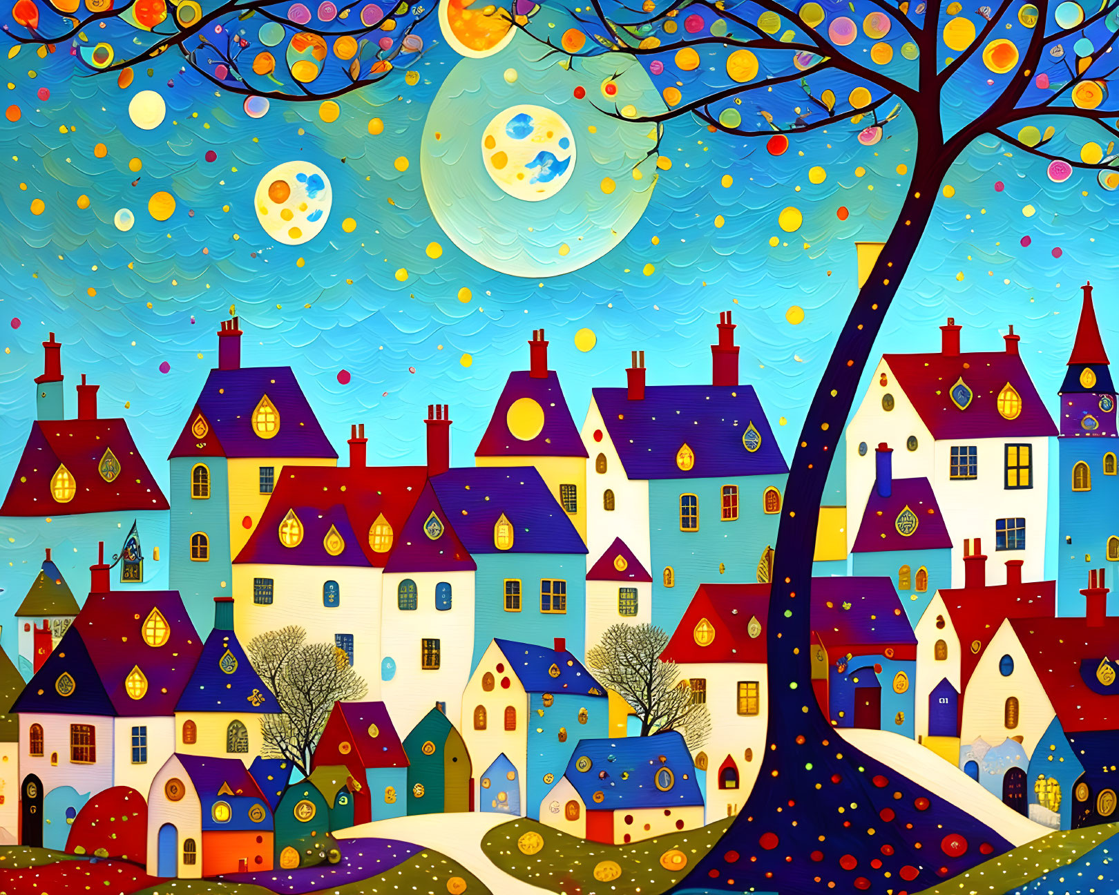 Whimsical illustration: Vibrant village, quirky houses, circular leaves, two moons