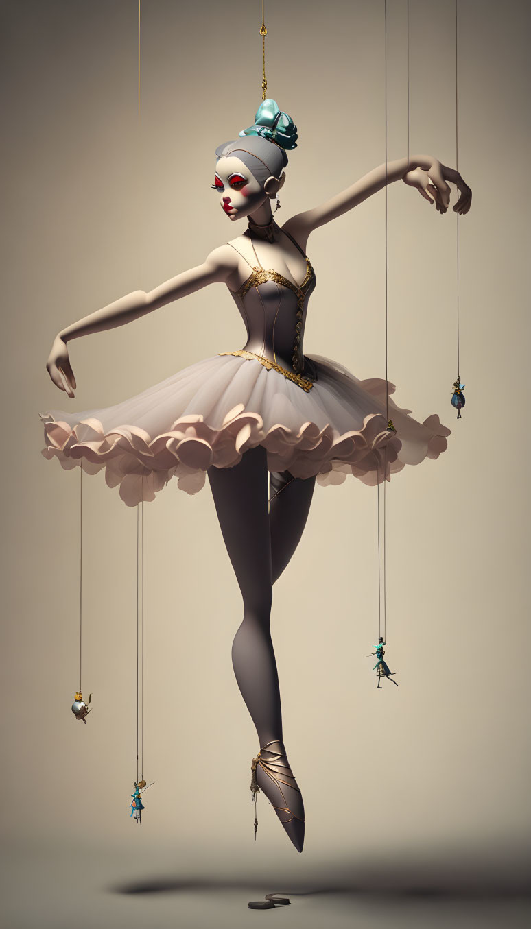 Marionette Ballerina with Tutu and Pointe Shoes on Strings