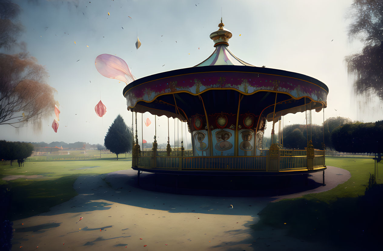 Vintage carousel in serene park with fallen leaves - autumn atmosphere