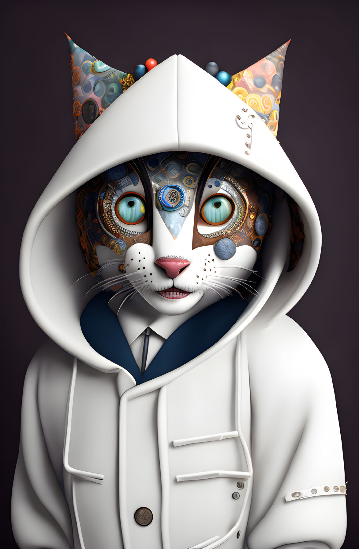 Whimsical Cat Character in Suit with Multiple Eyes and Patterns