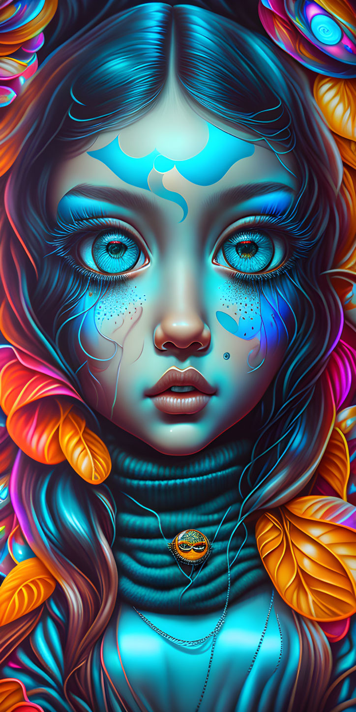 Colorful digital art: Woman with blue skin, expressive eyes, surrounded by swirling patterns.