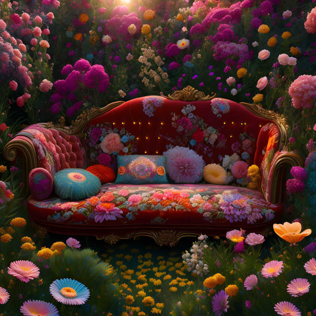 Vintage Floral Patterned Sofa in Vibrant Garden with Multicolored Flowers