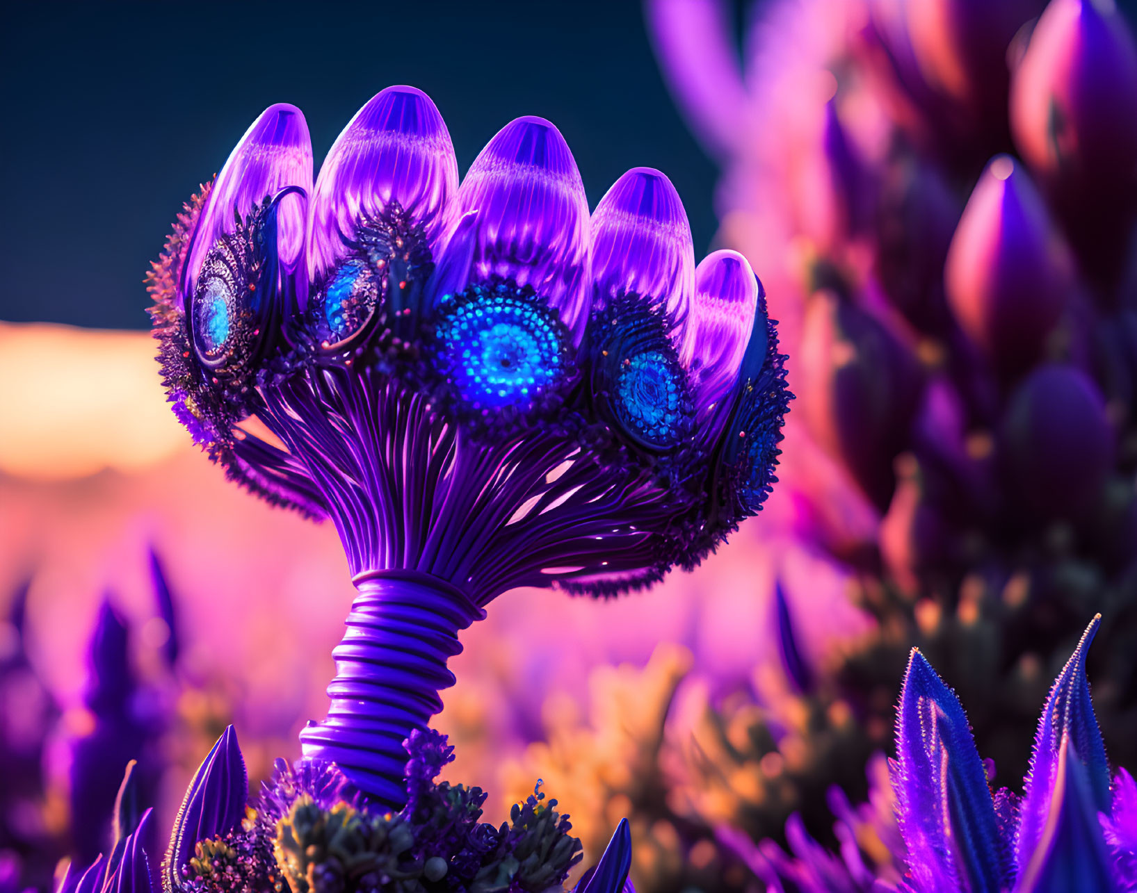 Colorful fantasy artwork: glowing purple plant with eye-like patterns on bulbous tips against sunset.