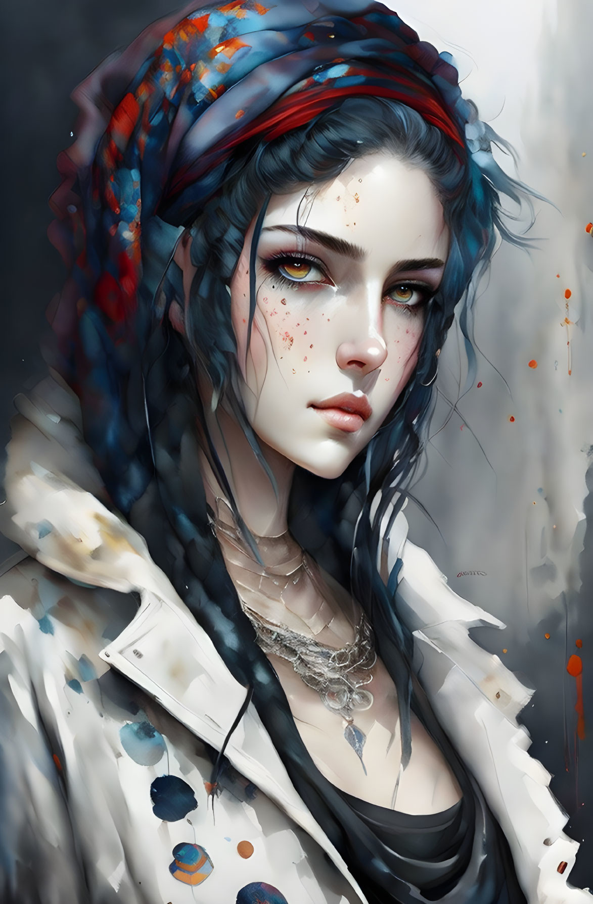 Digital illustration: Woman with blue hair, red scarf, striking eyes, freckles, and paint