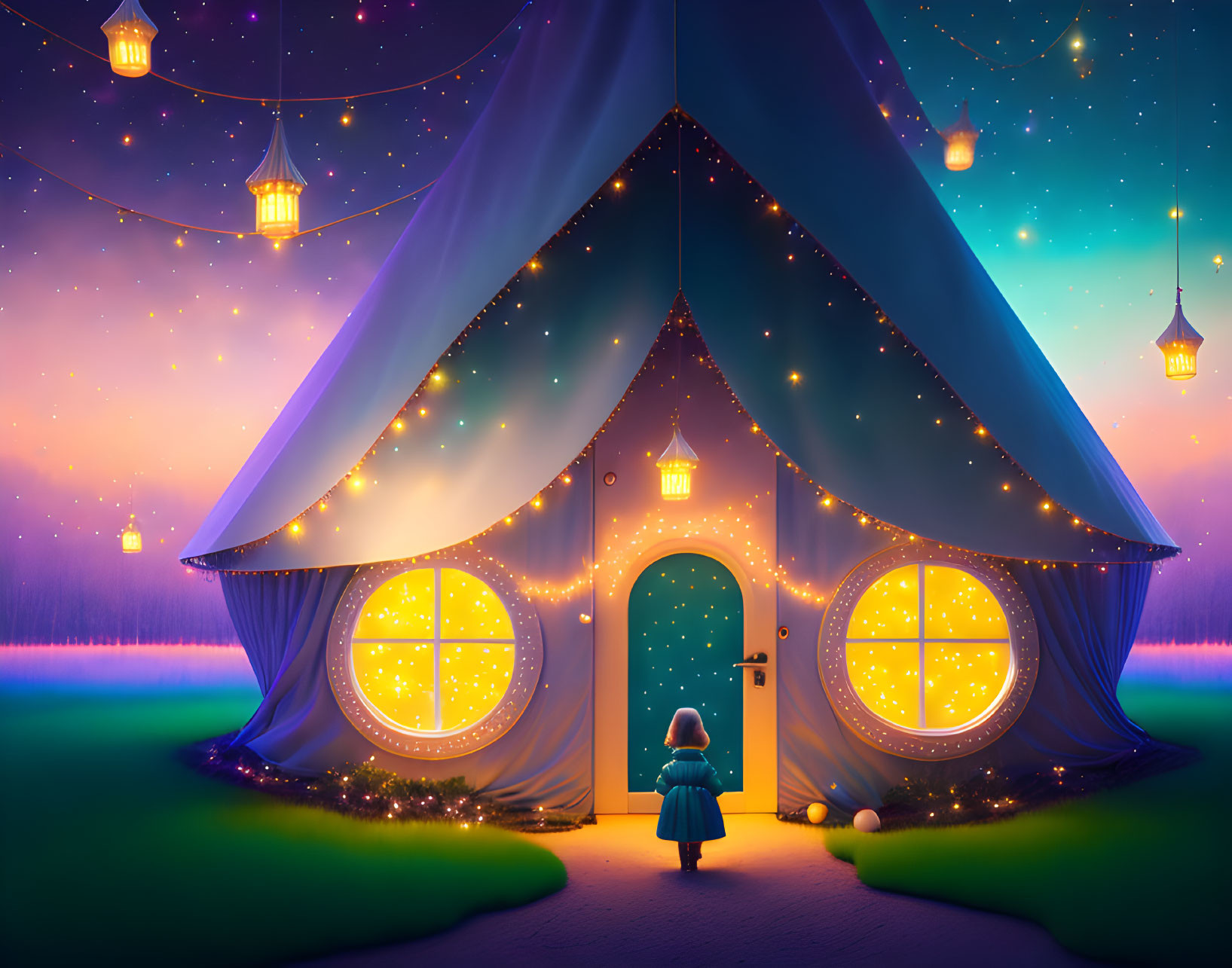 Child standing by whimsical tent under starry sky with floating lanterns.