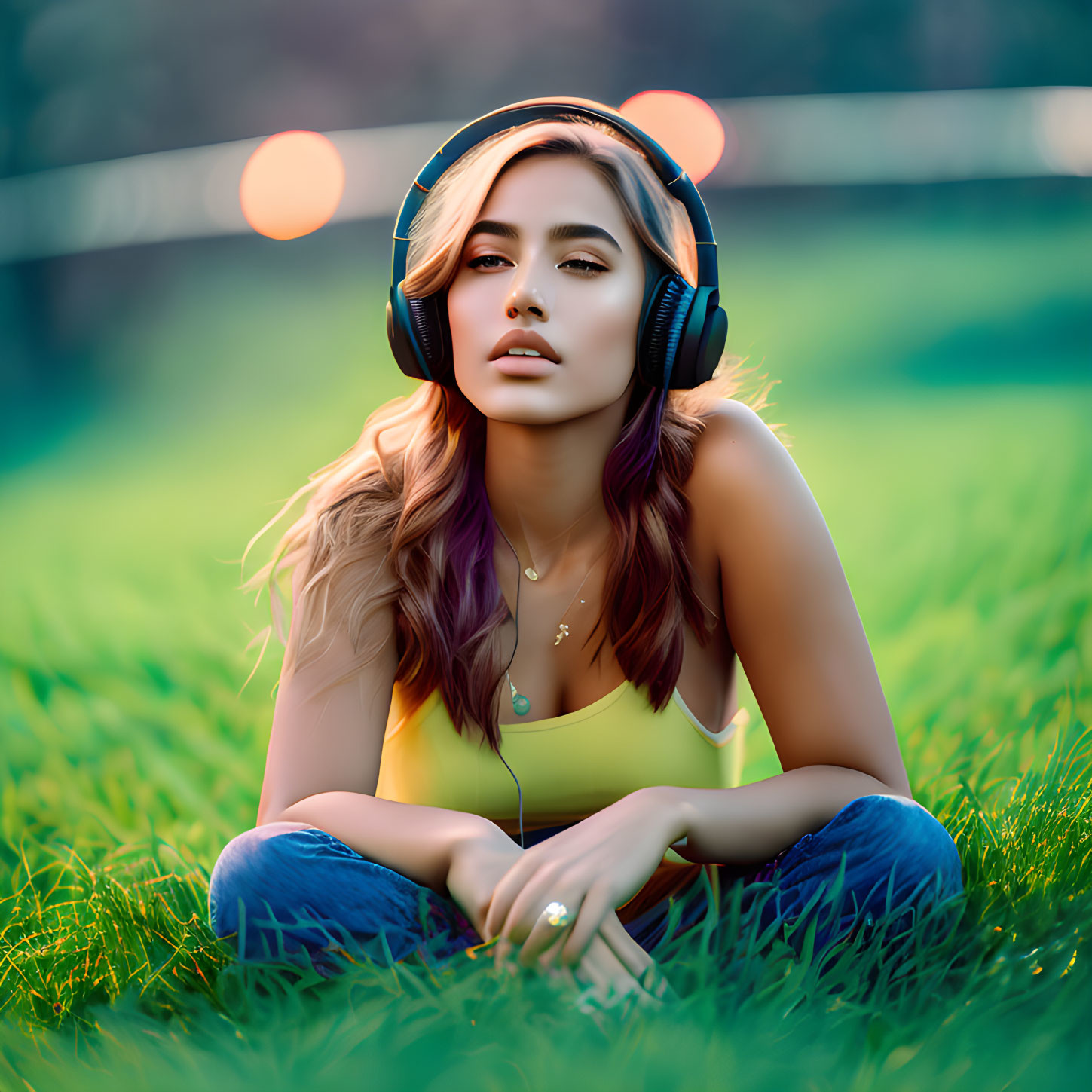 Person sitting in grass with headphones during golden hour glow