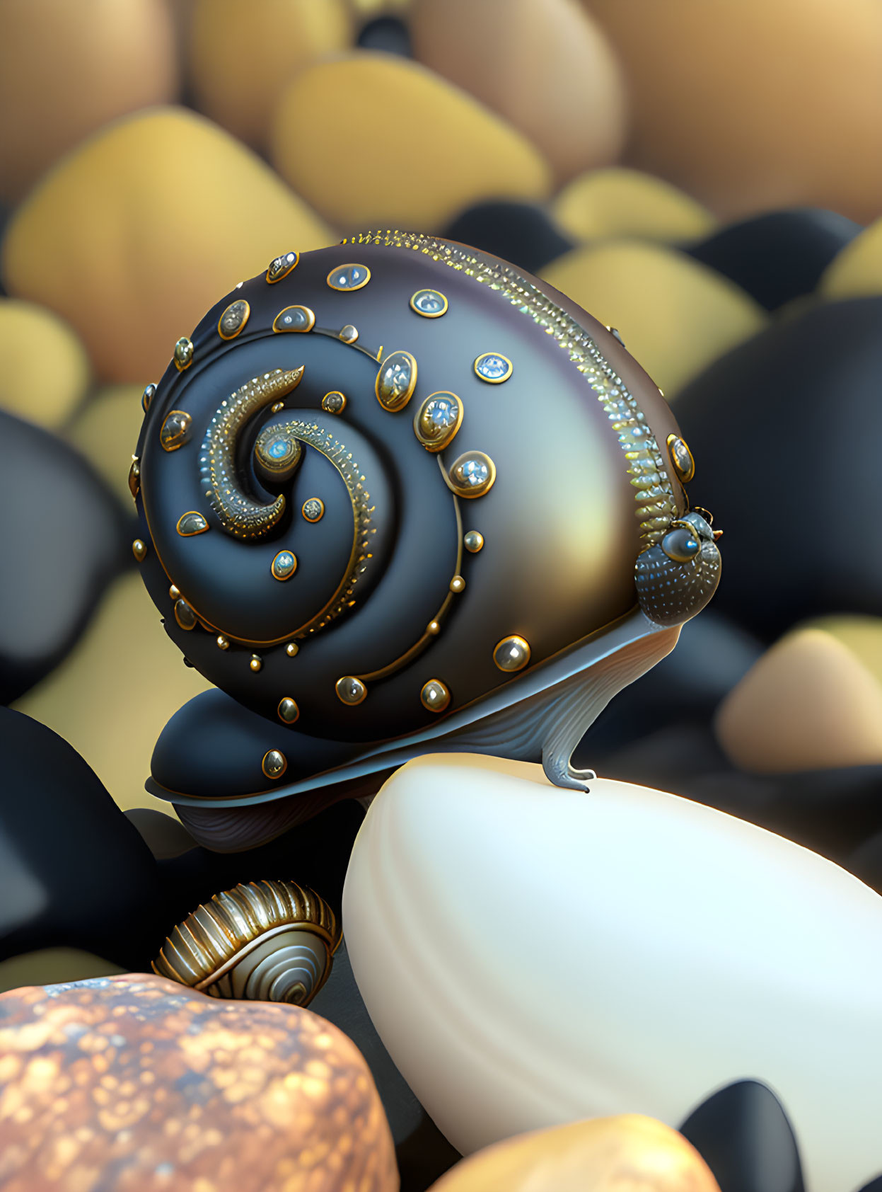 Stylized snail digital artwork with glossy ornate shell and gold beads resting on stones