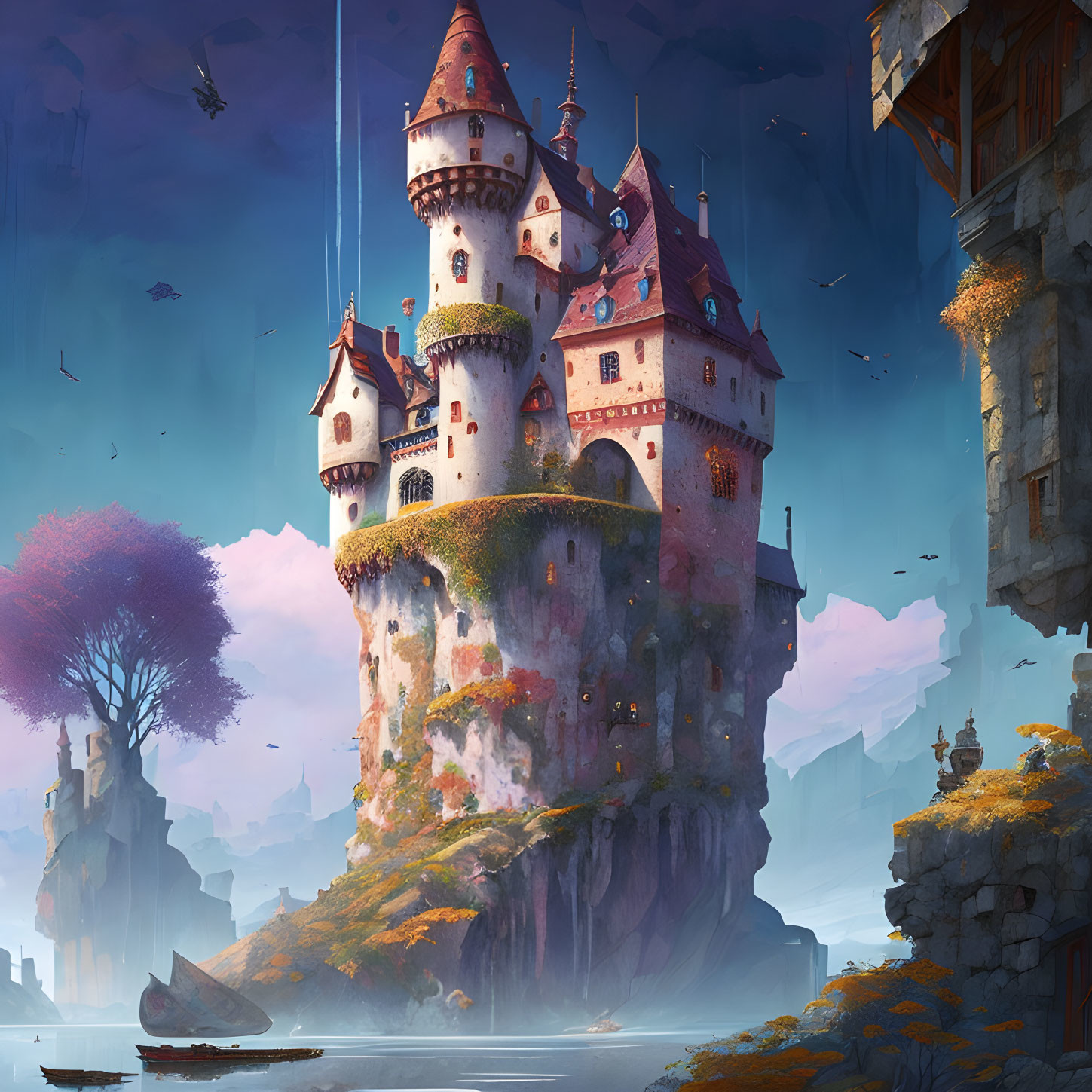 Whimsical castle on cliff with waterfall, floating islands, and boat