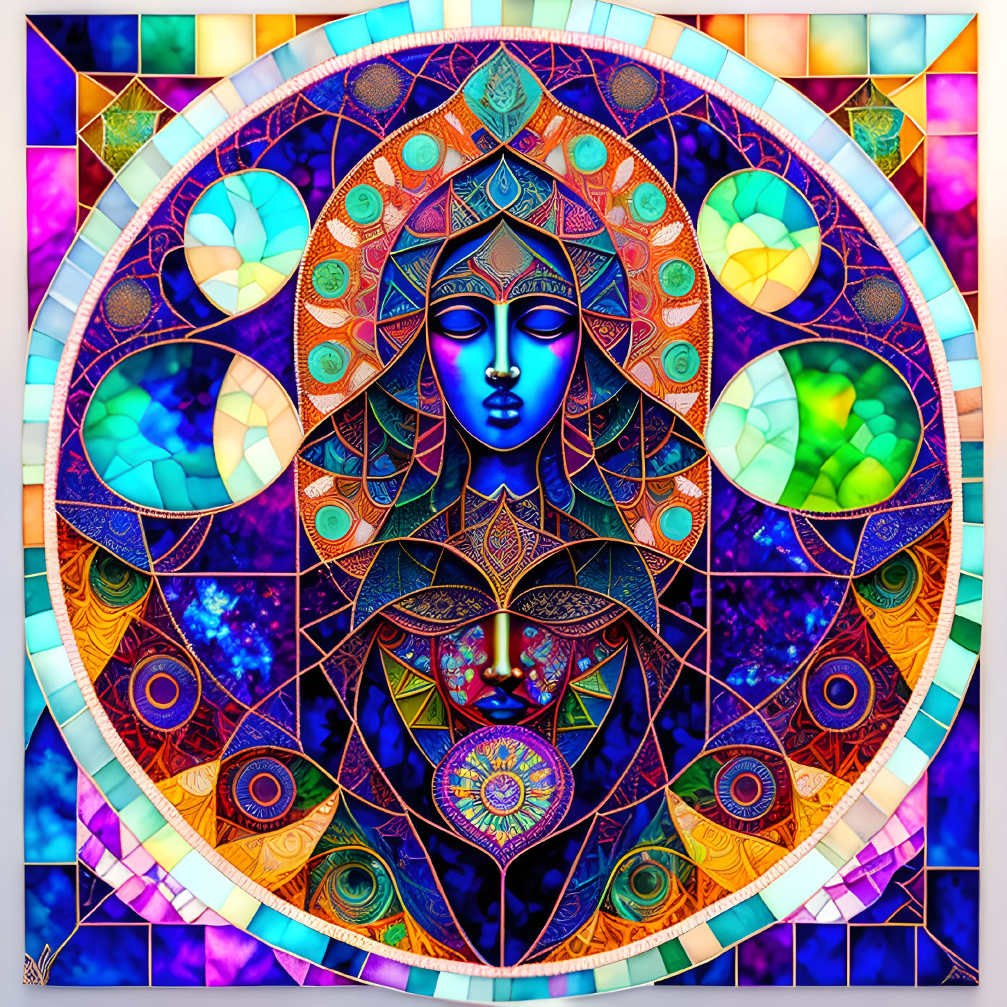 Colorful Digital Artwork: Serene Deity Figure with Cosmic Motifs