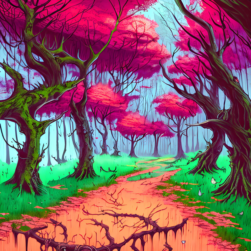 Colorful forest path with twisted trees and muddy track