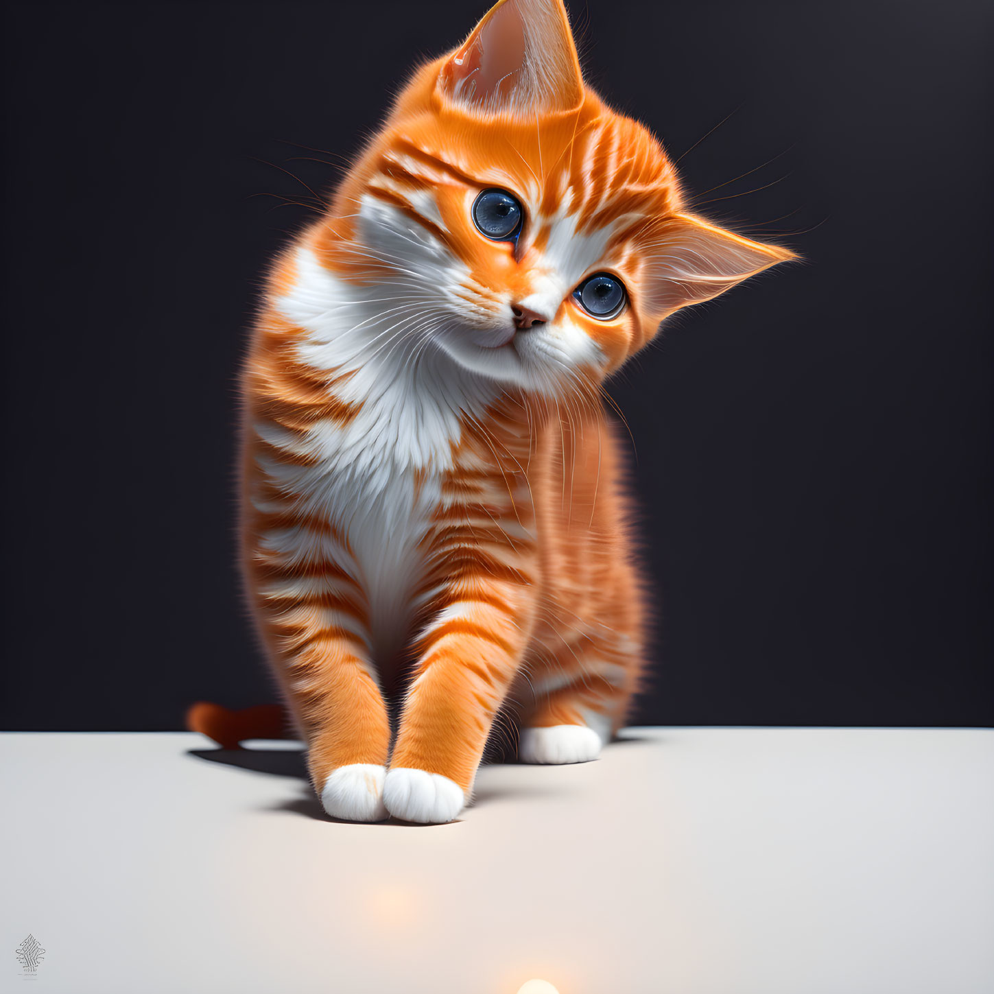 Orange and White Striped Kitten with Blue Eyes Tilting Head Curiously