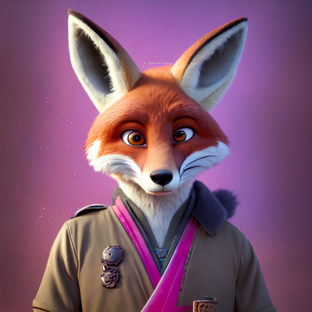 3D rendered fox character in beige uniform with purple sash and medals