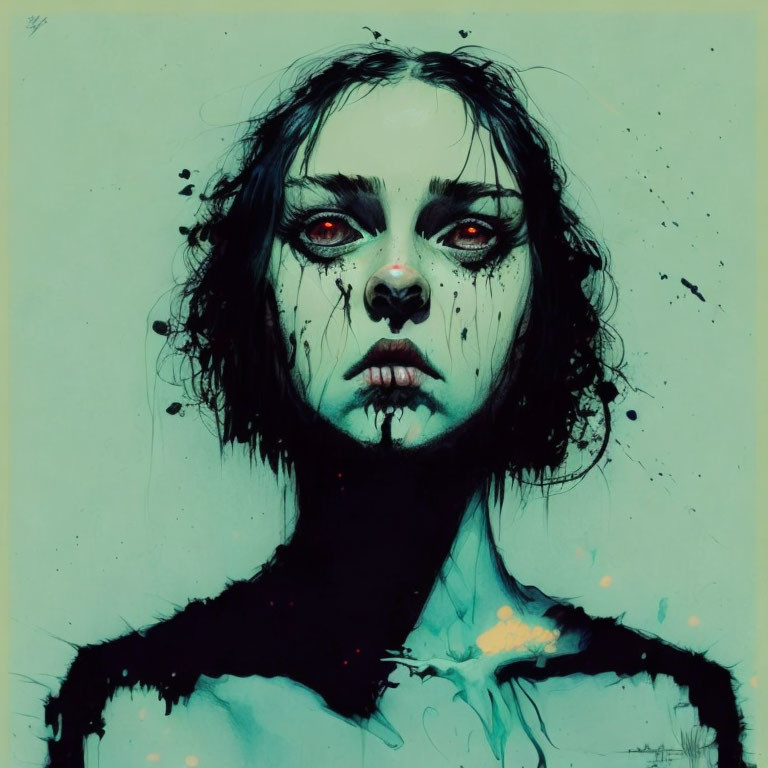 Eerie painting of woman with red eyes and dripping liquid on turquoise background