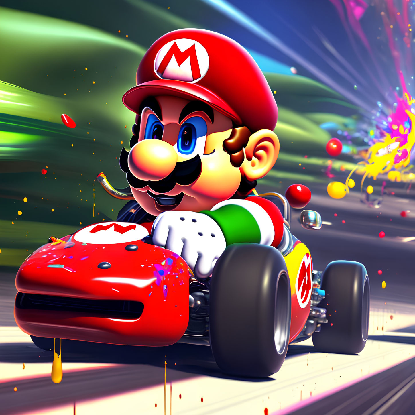 Red Kart Racing with Colorful Streaks and Paint Splashes