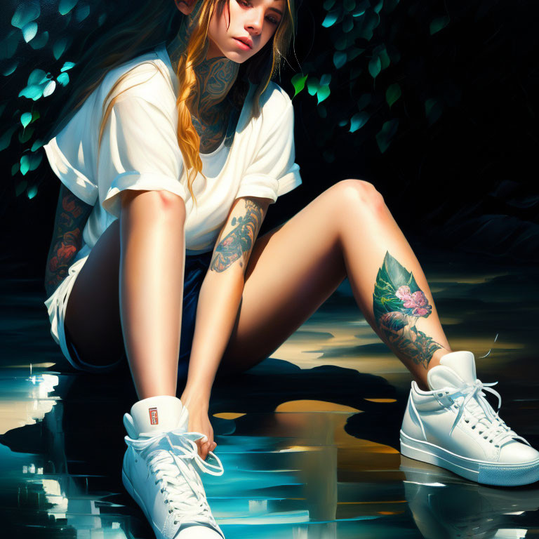 Tattooed young woman in white t-shirt and sneakers sitting outdoors