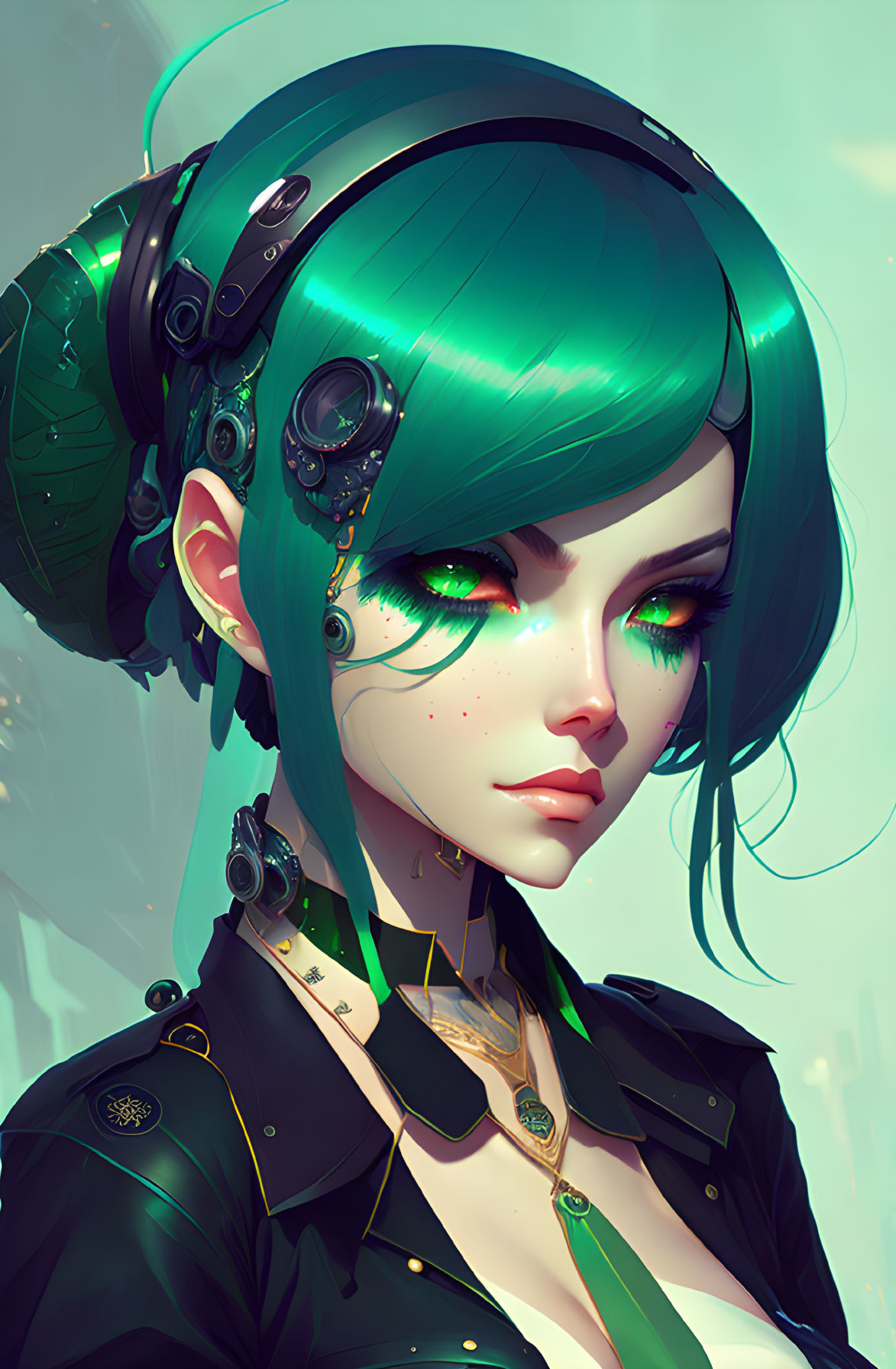 Female character with green hair and cybernetic enhancements in digital artwork