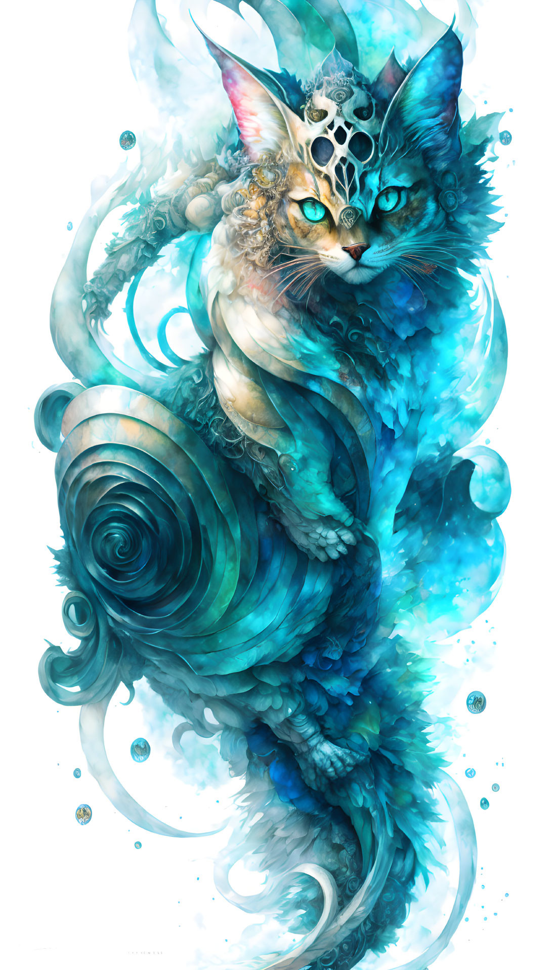 Ethereal blue-toned cat illustration with ornate markings