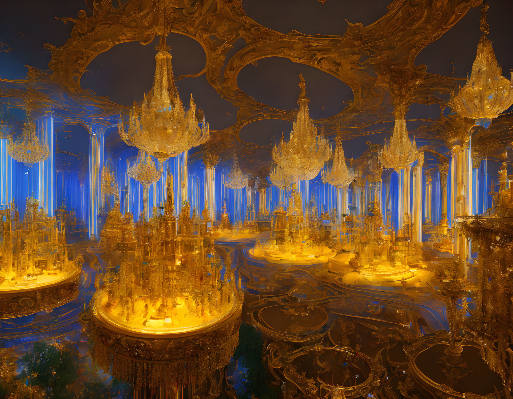 Intricate Golden Hall with Elaborate Chandeliers and Mirrors