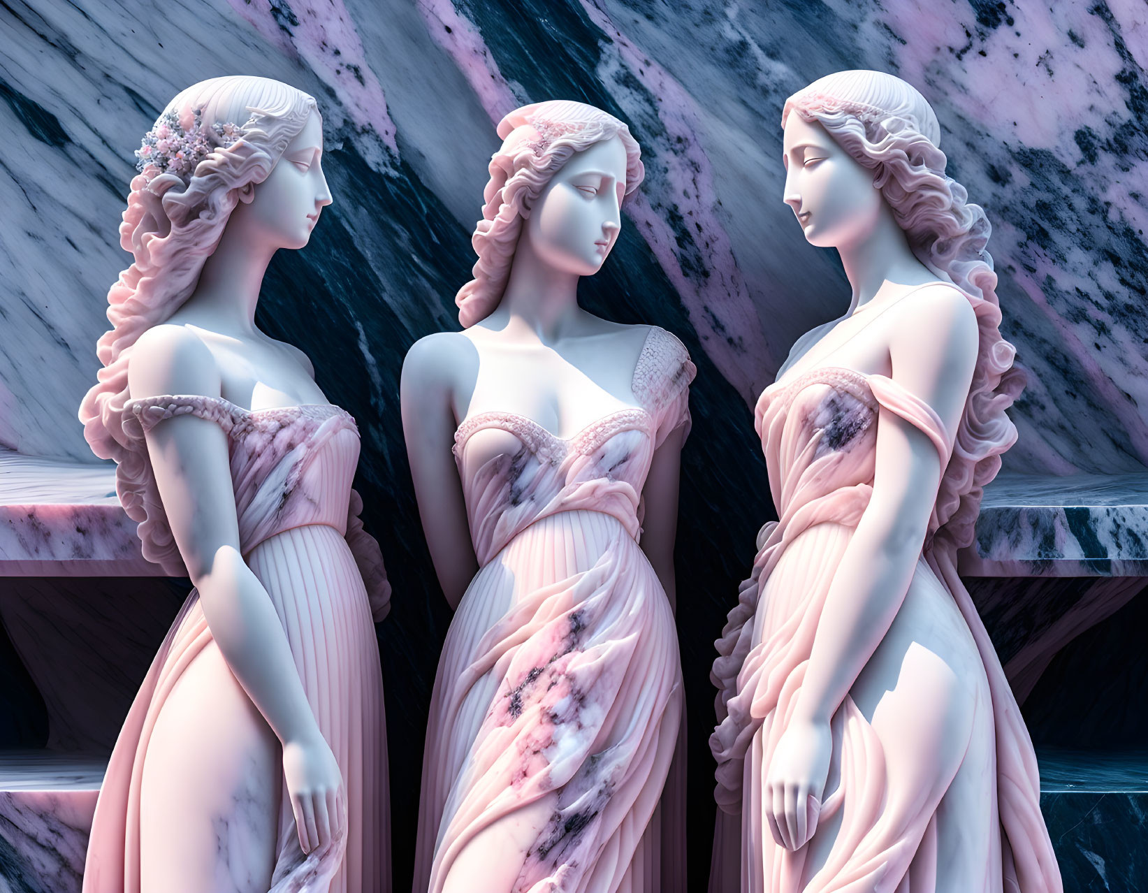 Three pink marble classical statues of women in flowing dresses on marble background