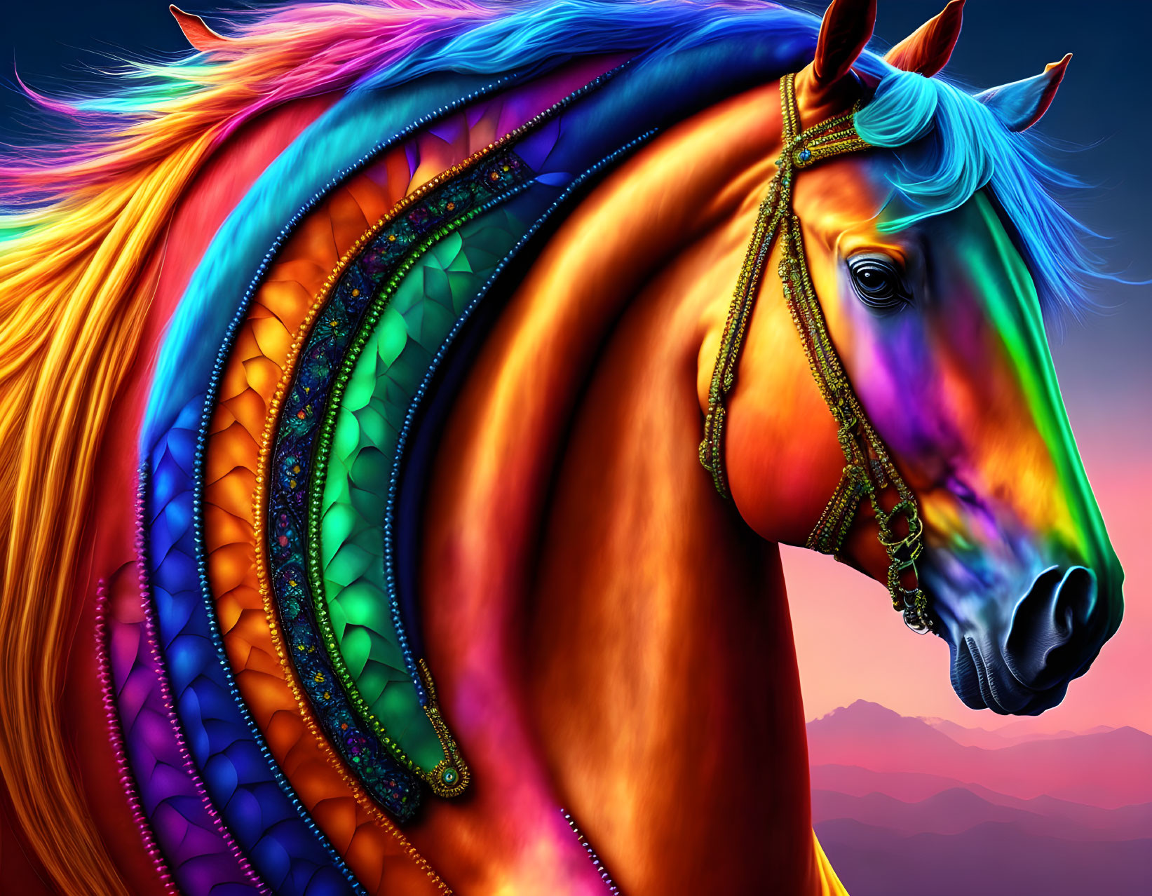 Colorful horse with rainbow mane and iridescent scales against sunset mountains