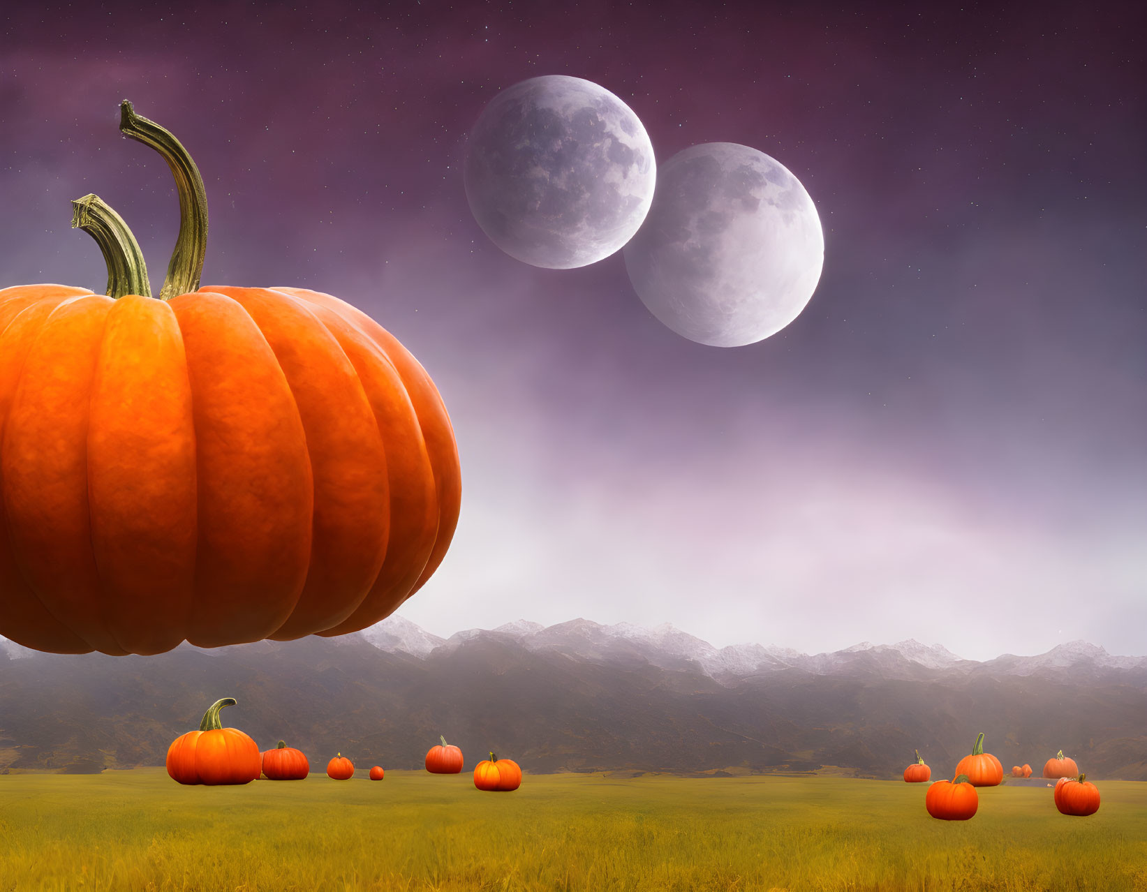 Fantastical landscape with large pumpkin, twin moons, and mountainous terrain