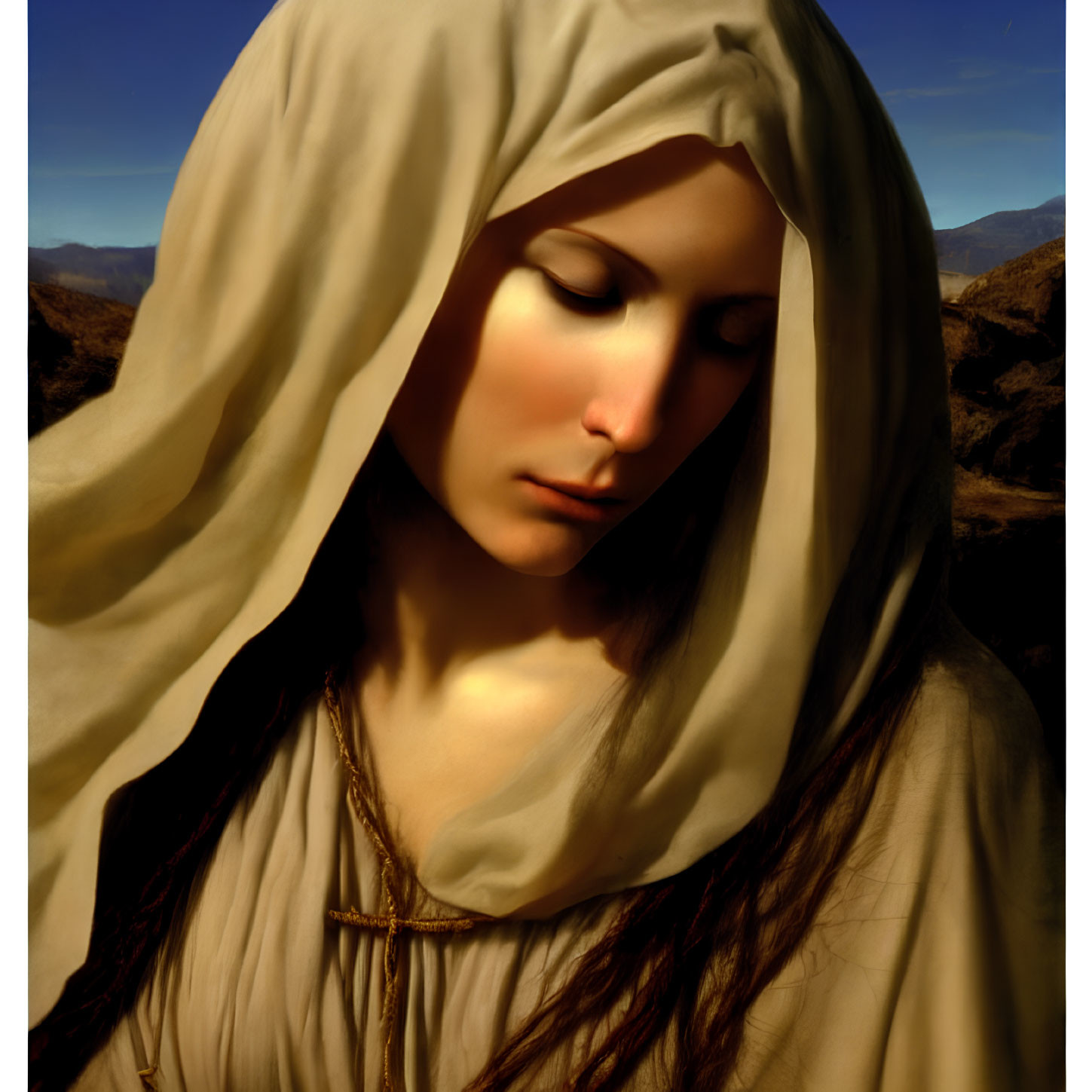 Woman in headscarf with closed eyes and cross necklace in dramatic landscape