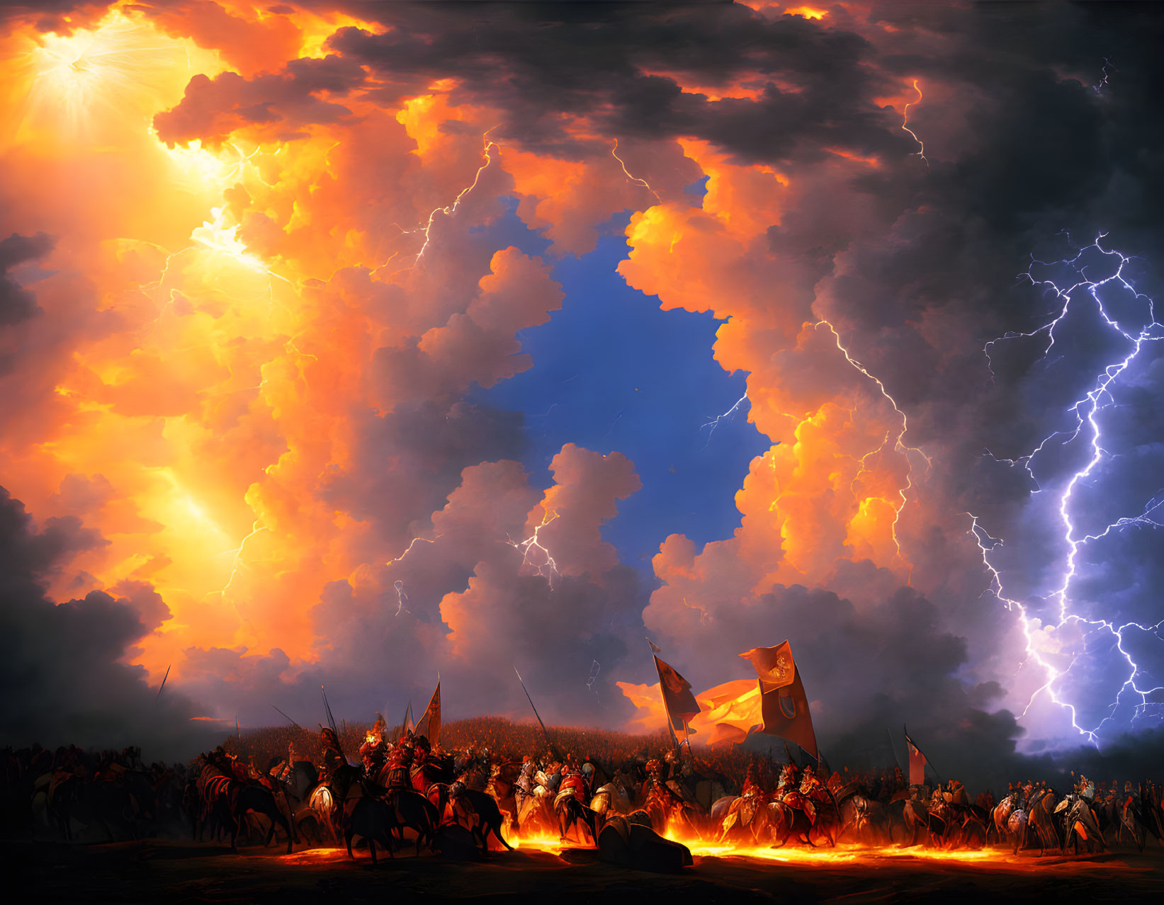 Ancient army under dramatic sky with fiery clouds and lightning bolts