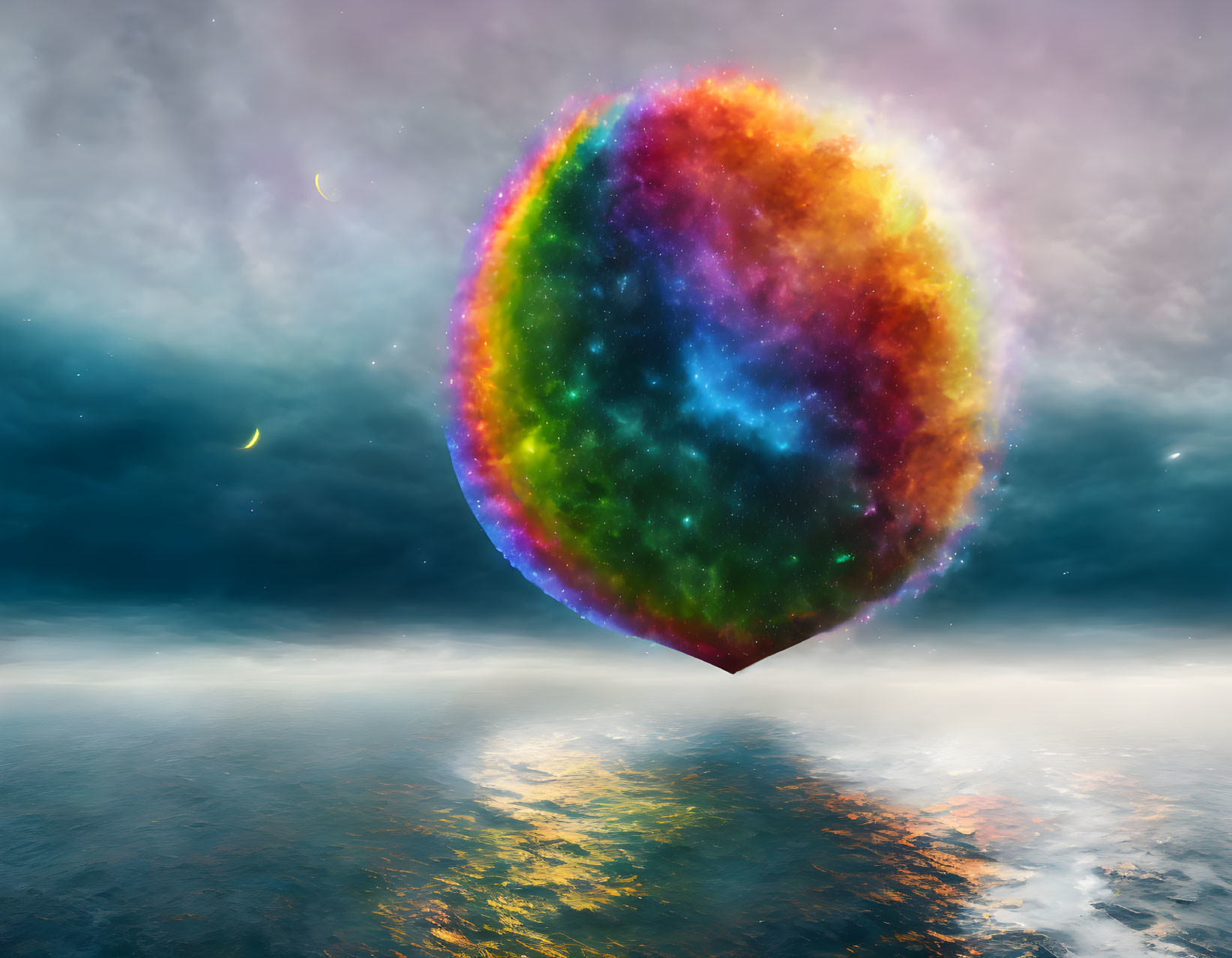 Colorful nebula sphere over ocean landscape with cloudy sky