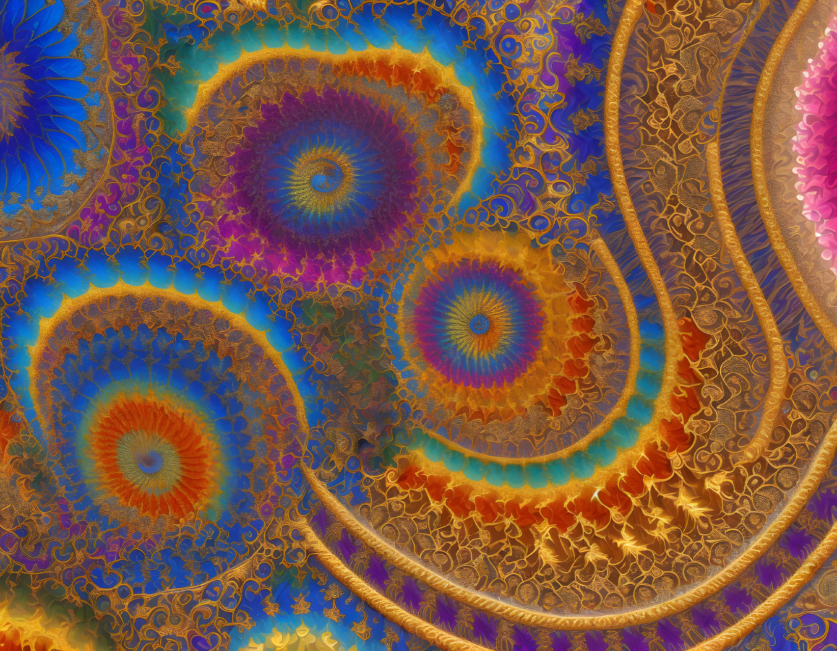 Colorful fractal art with intricate patterns in fiery oranges, deep blues, and purples.