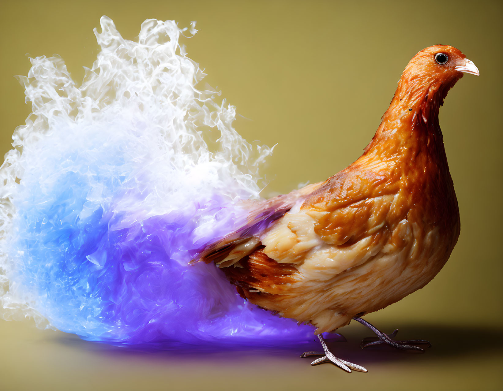 Colorful Smoke Plume Surrounding Chicken in Blue and White Hues