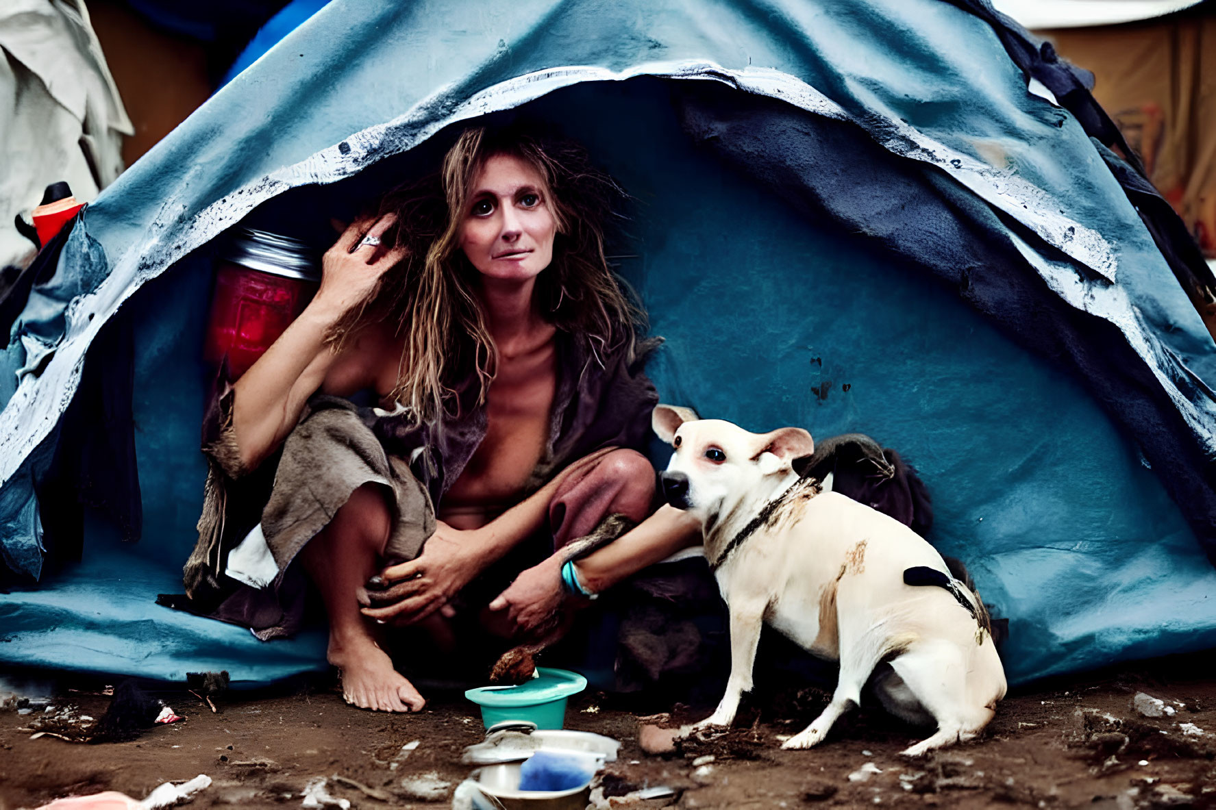 Woman with white dog in disheveled blue tent among clutter.