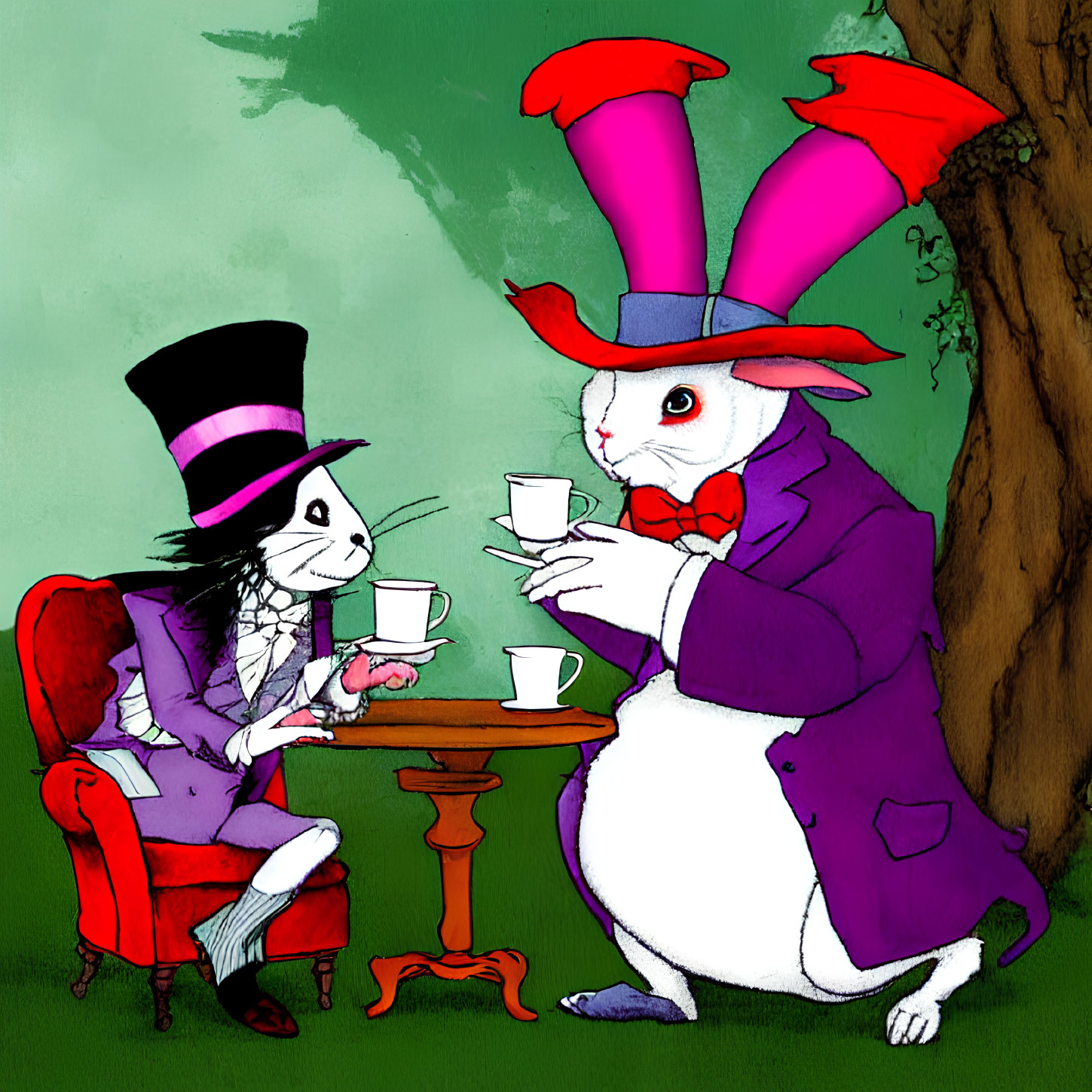 Mad Hatter and White Rabbit tea party in vibrant Victorian attire