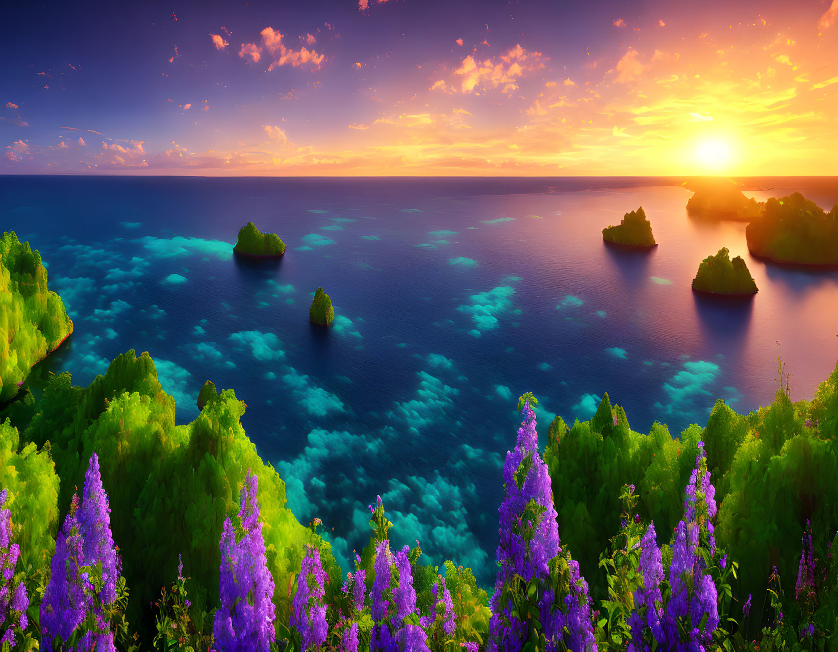 Colorful sunset over ocean with islands, purple flowers, and starry sky