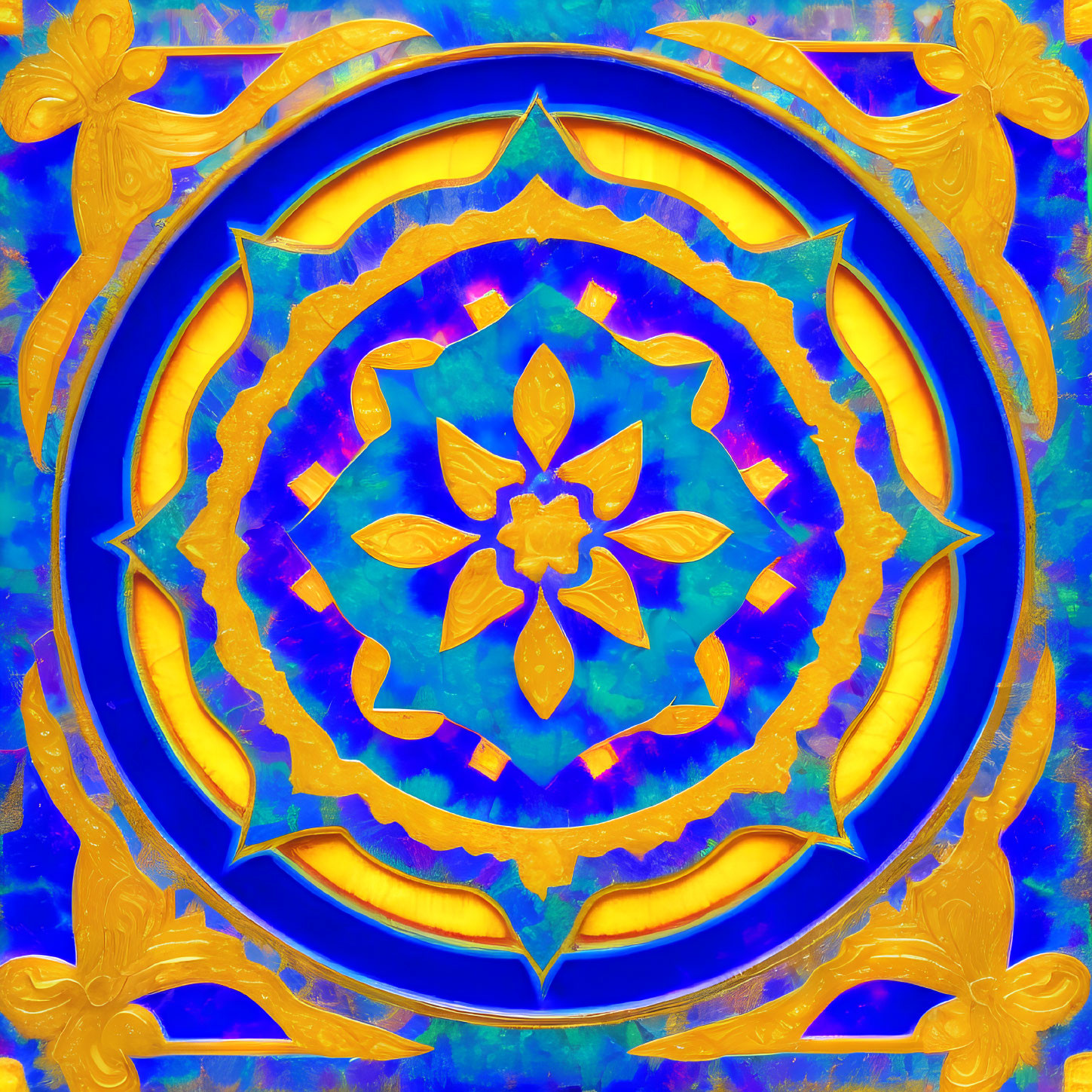 Colorful Blue, Gold, and Purple Mandala with Intricate Symmetrical Patterns