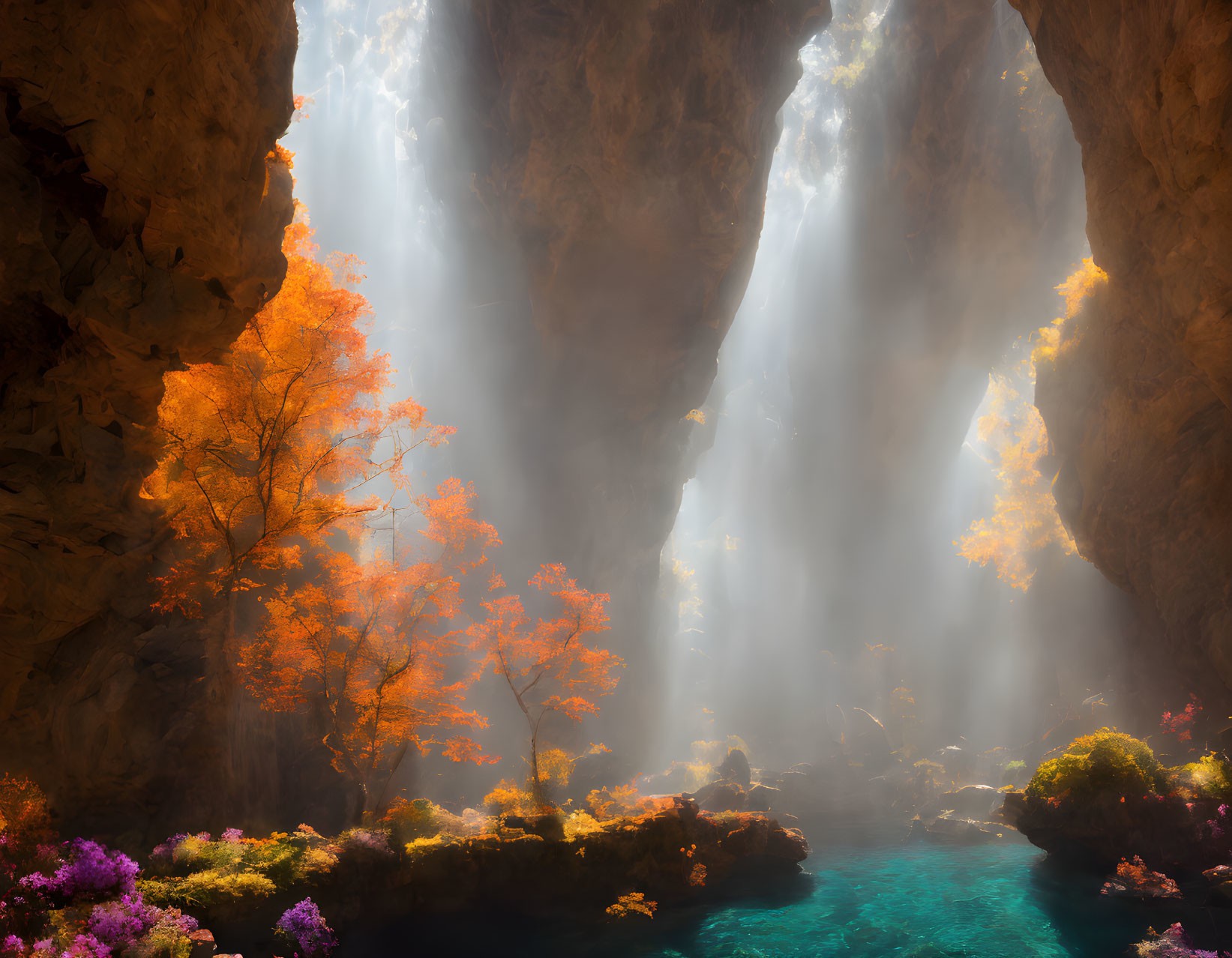 Tranquil autumnal cavern with light beams, orange foliage, and blue pond