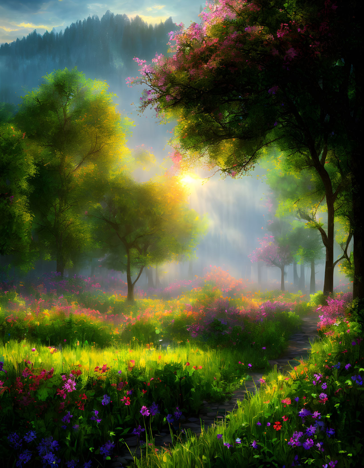 Sunlit Forest Glade with Colorful Flowers and Path