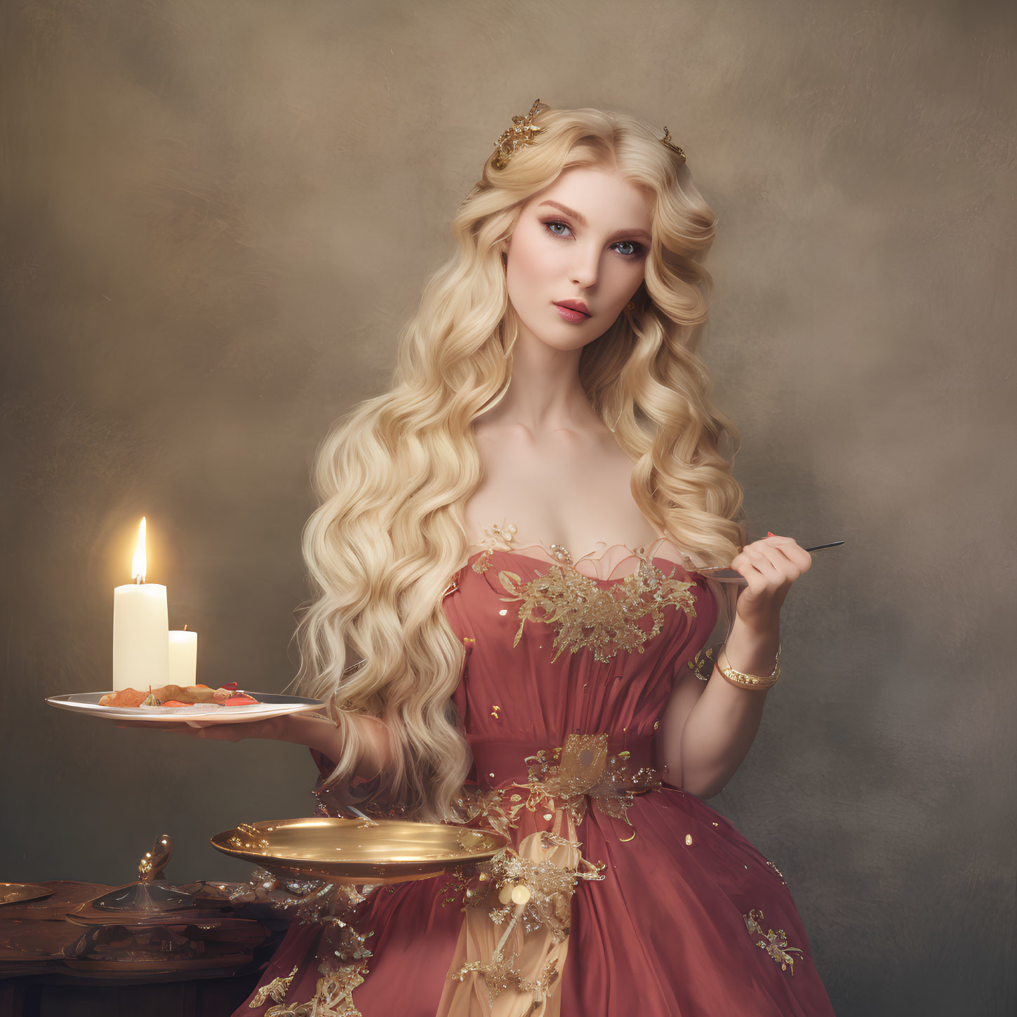 Blonde woman in red gown with candle and pen embodies fantasy elegance