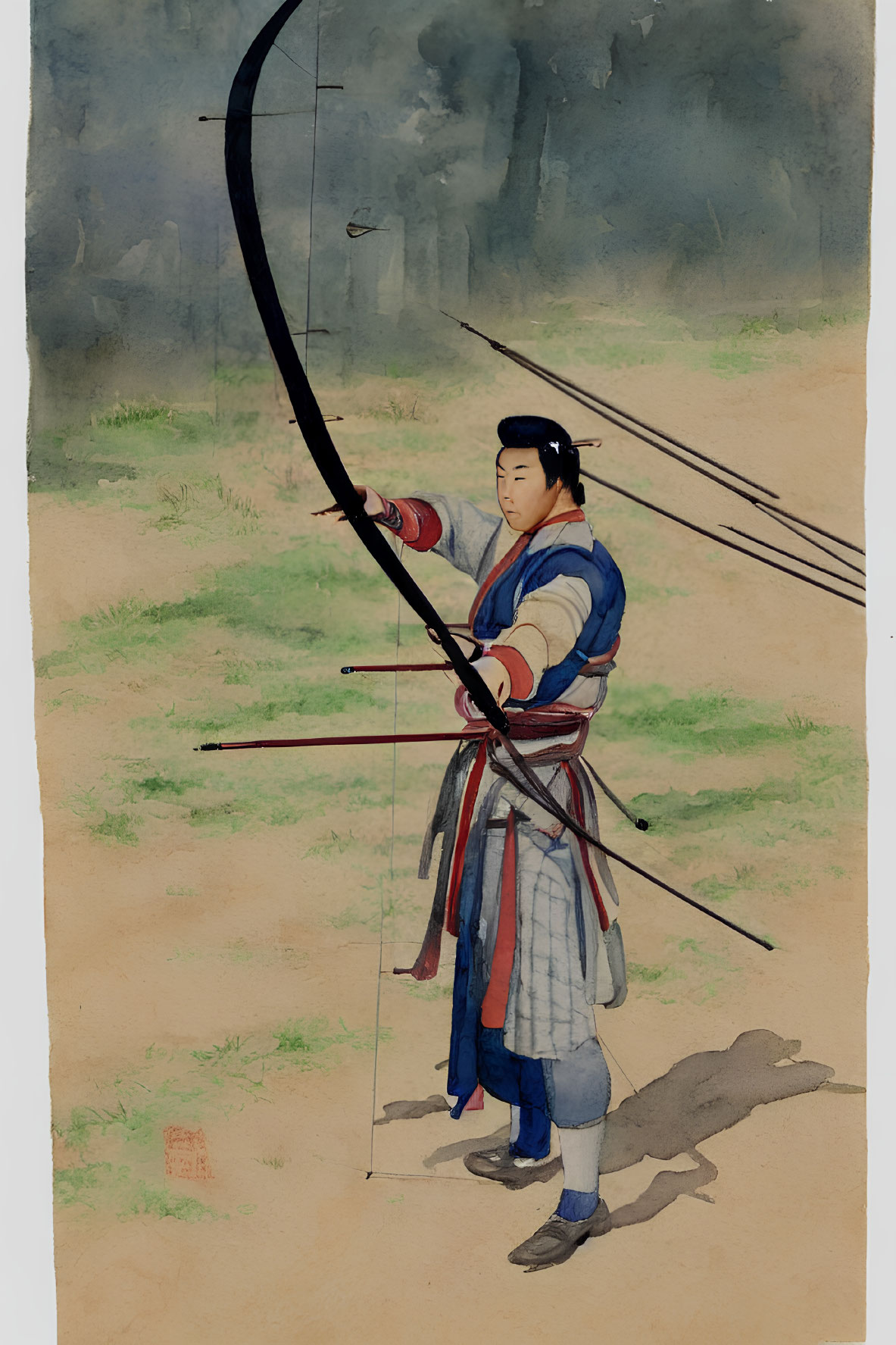 Traditional archer in blue and red attire aiming with longbow in misty setting