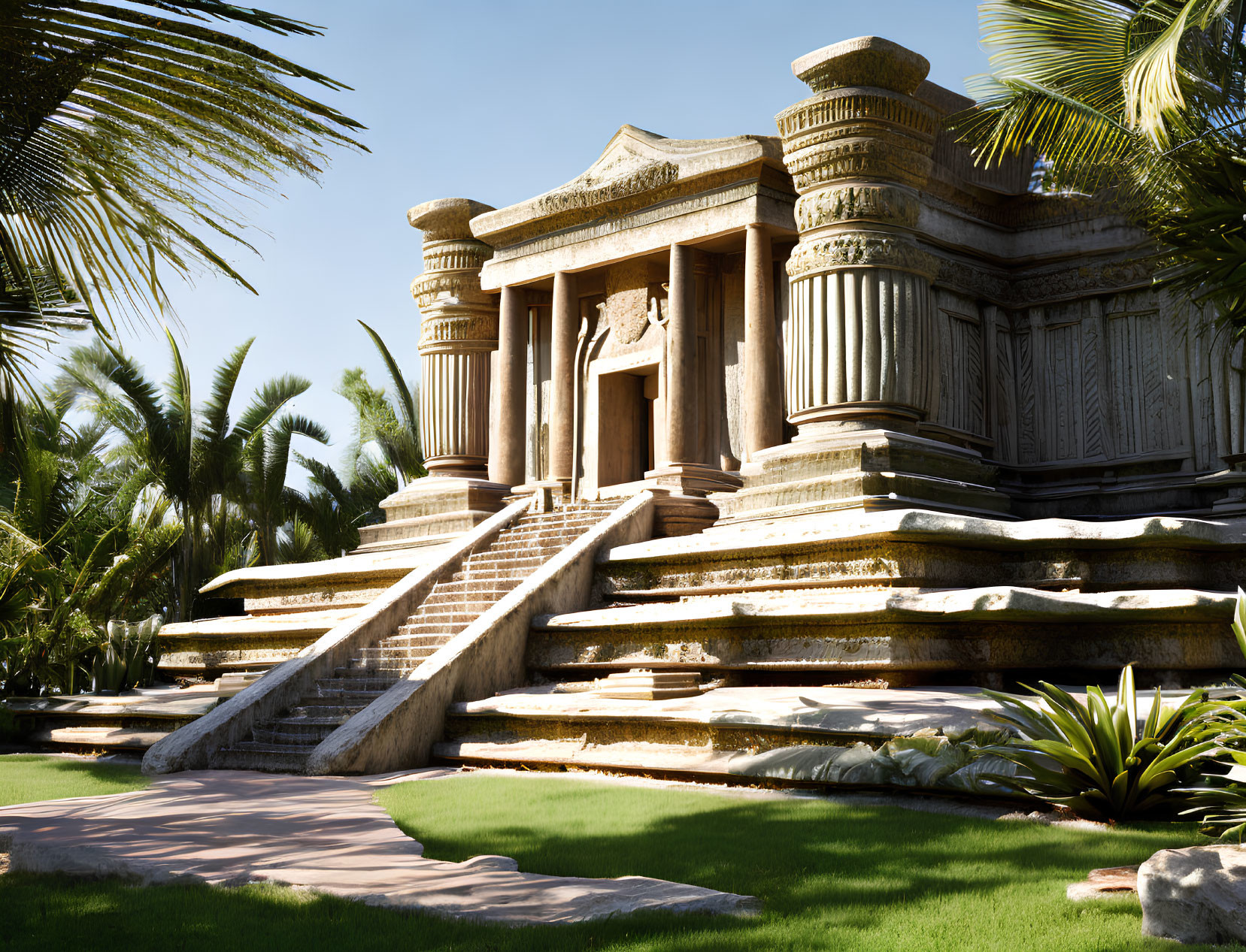 Ancient Temple with Stone Steps and Palm Trees Under Clear Sky