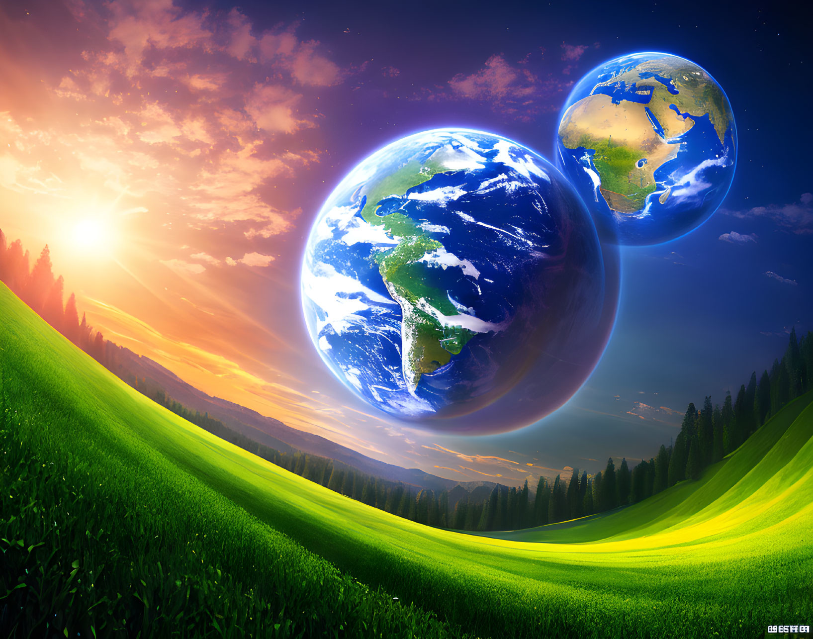 Vibrant green hillside with two Earth-like planets in sunset sky