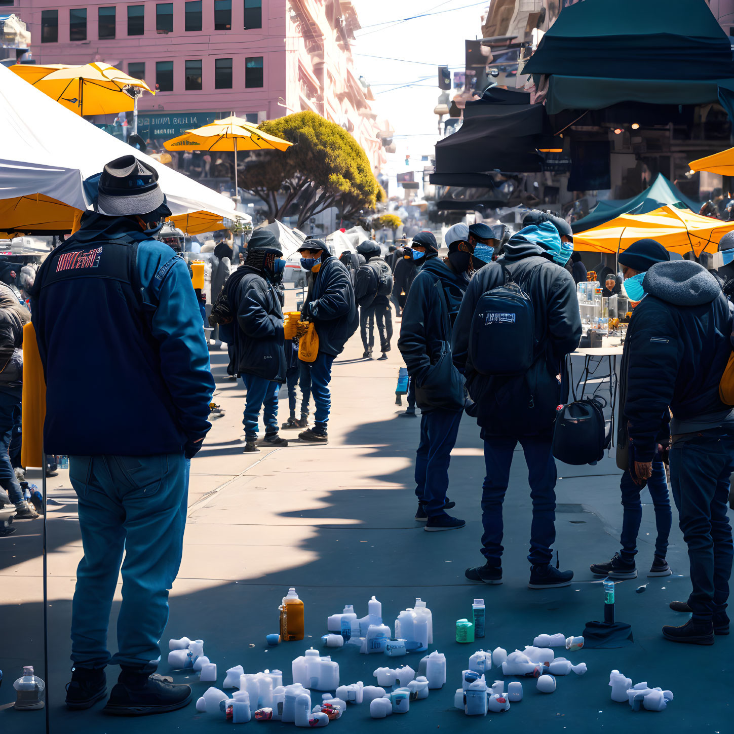 Crowd around street stalls with colorful umbrellas; products displayed, focus on individual.