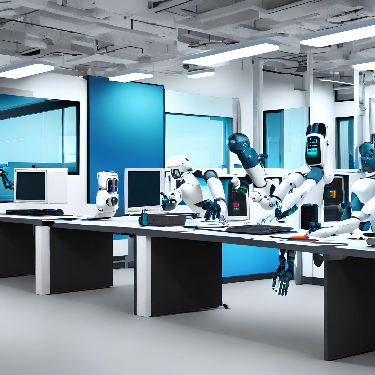 Futuristic Robot Lab with Humanoid Robots and Computers