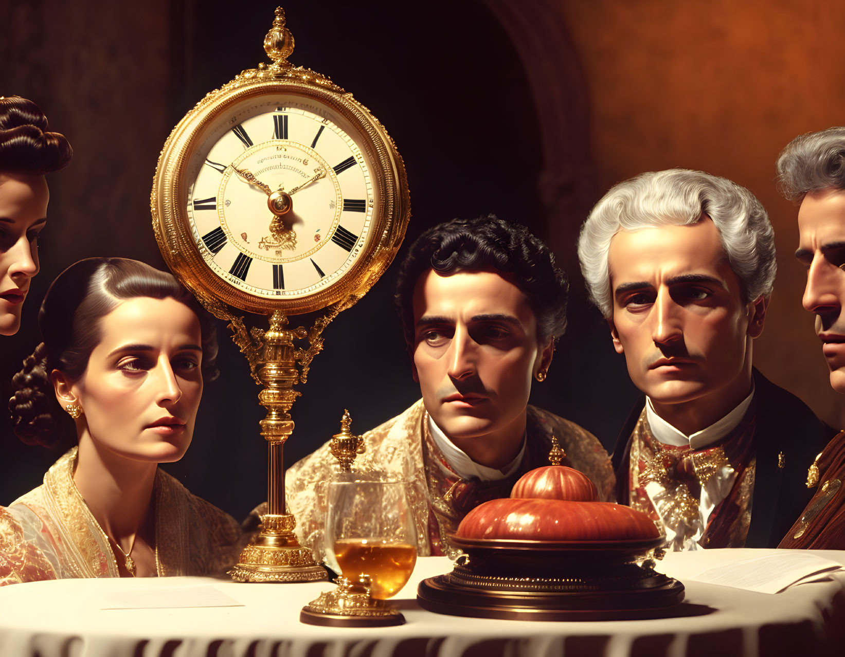 Vintage-clad group gazes off-camera with ornate clock and amber drink.