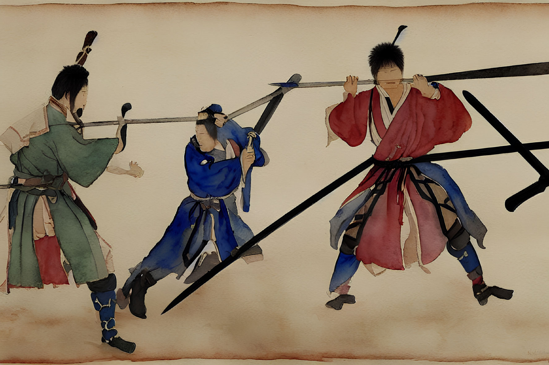 Illustrated samurai combat scene in watercolor style