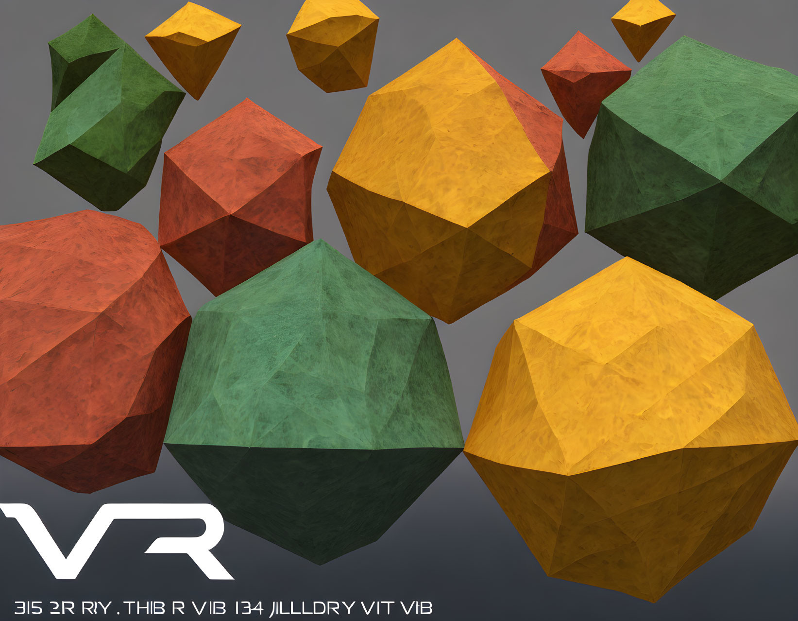 Multicolored geometric gemstone shapes with stylized "VR" logo